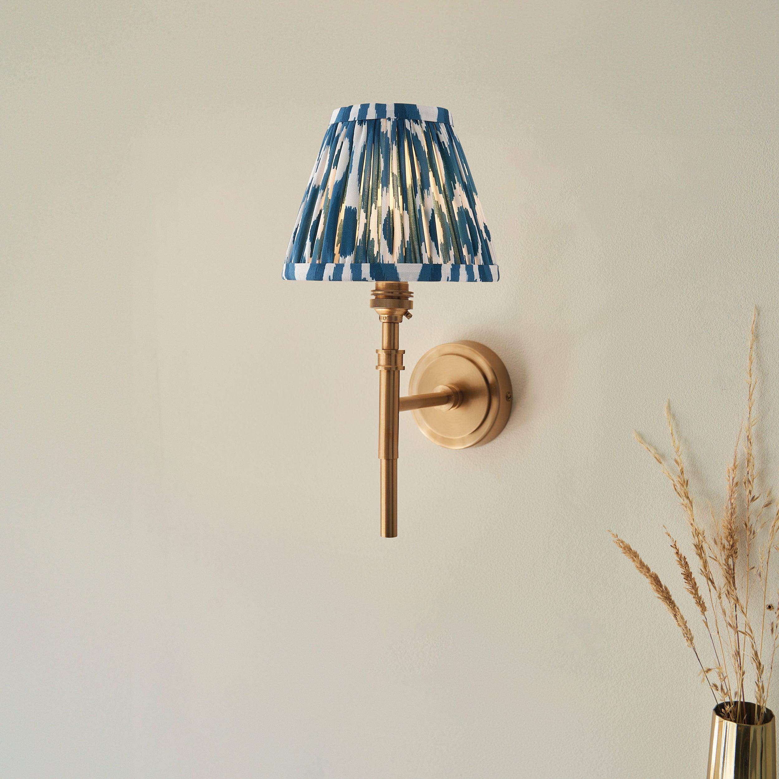 Chester Brass Wall Light With Blue Ikat 16cm Shade