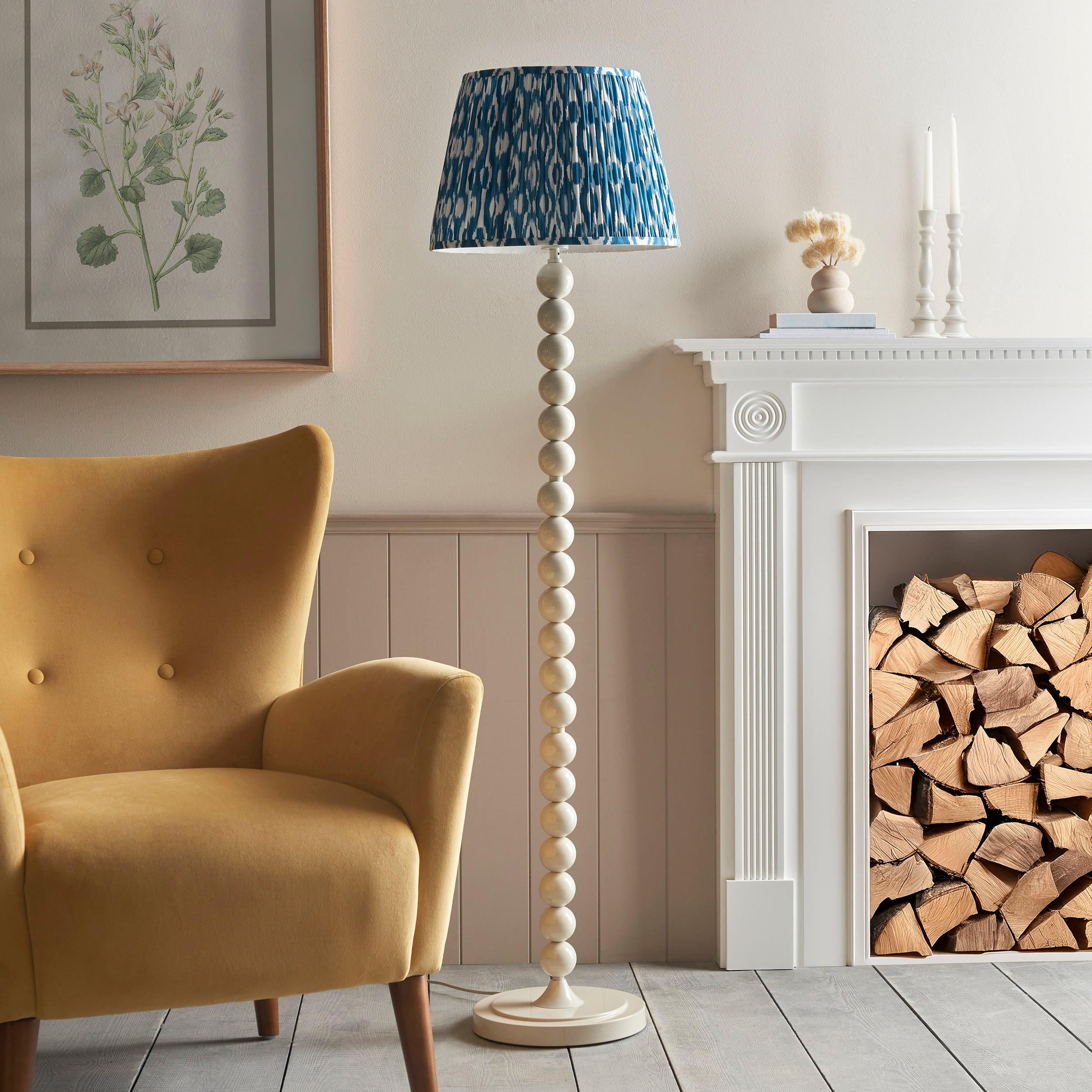 Higgledy Almond White Floor Lamp & Ikat 40cm Marlin Blue Shade
