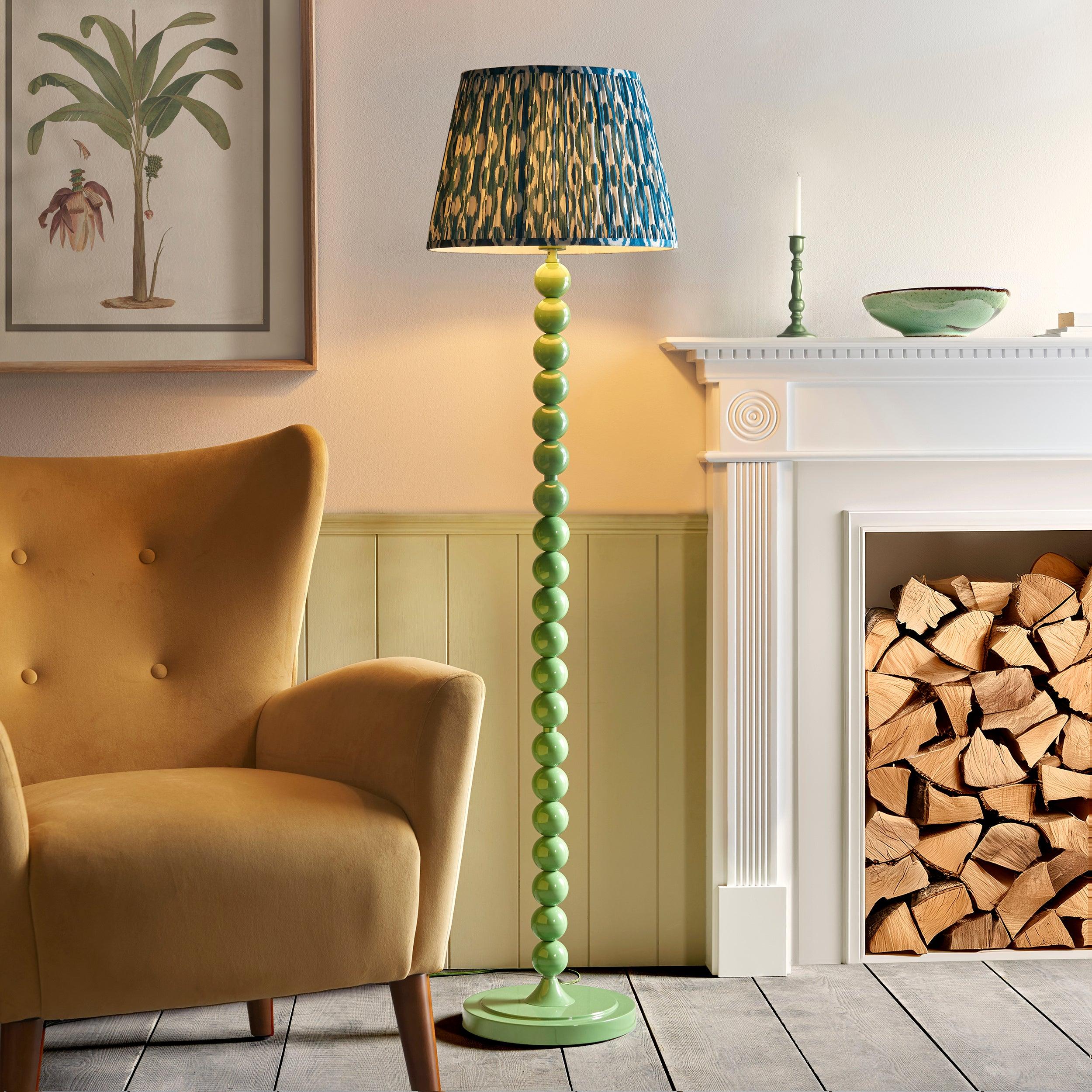 Higgledy Green Floor Lamp & Ikat 40cm Marlin Blue Shade