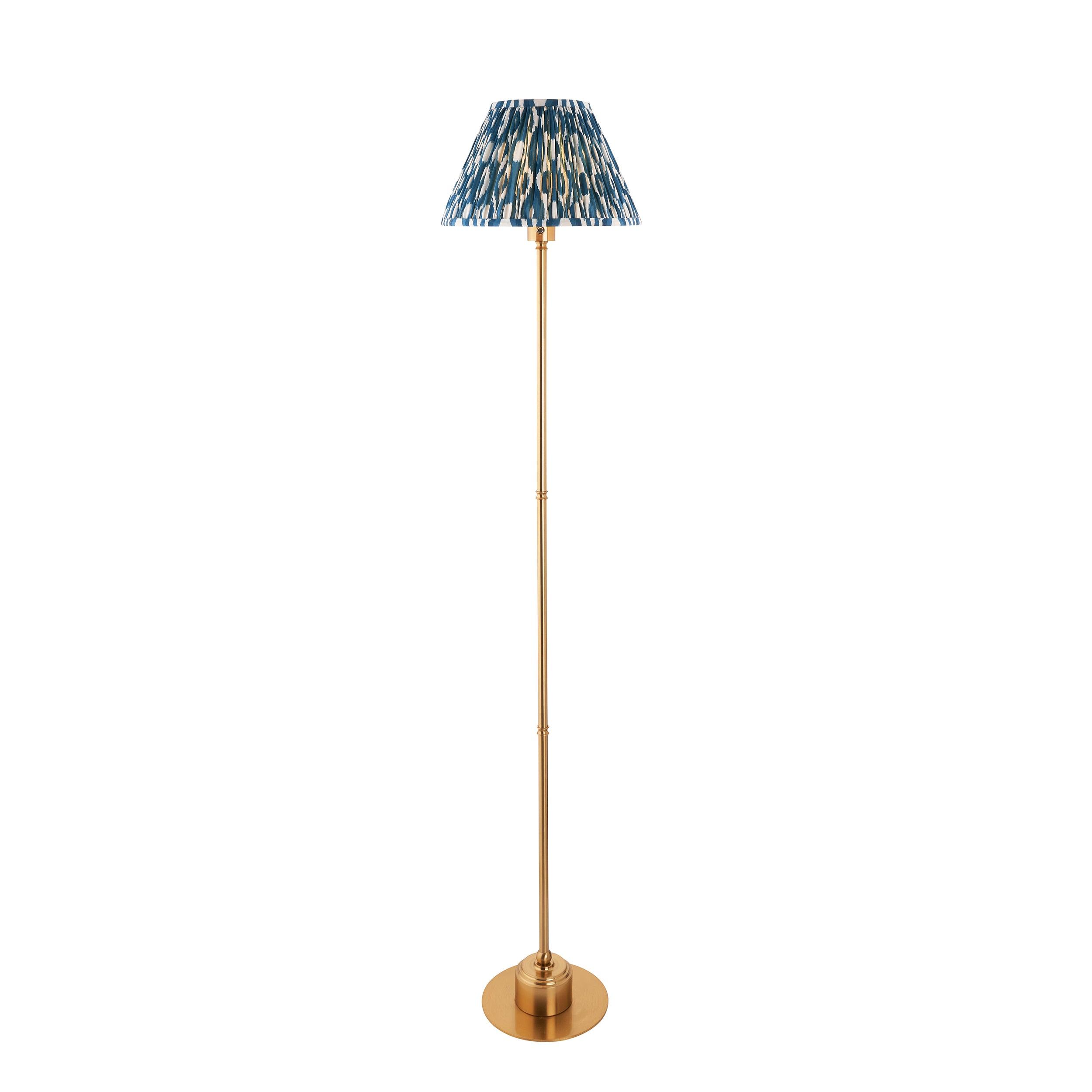 Burley Rechargeable Brass Floor Lamp & Ikat 30cm Marlin Blue Shade