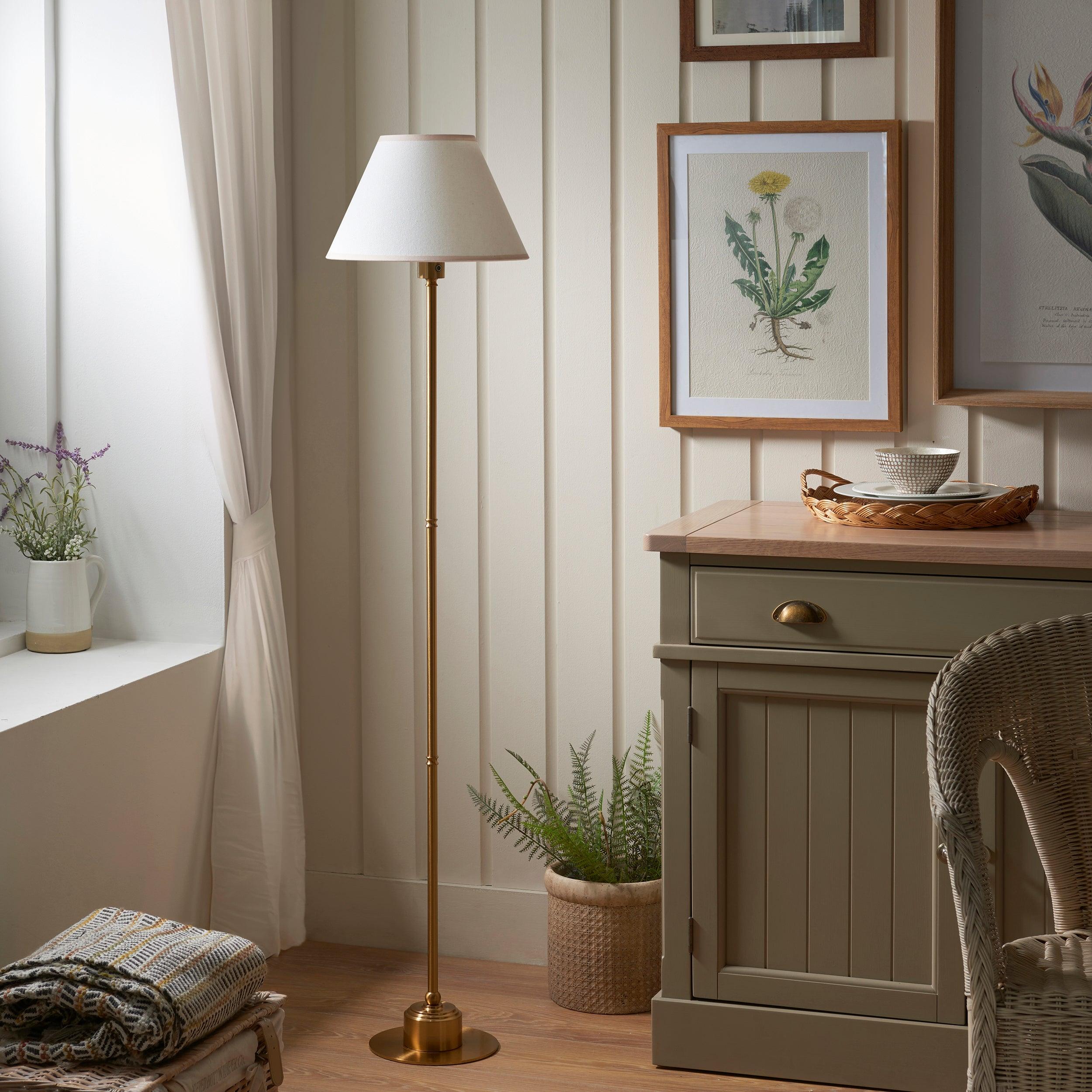 Burley Rechargeable Brass Floor Lamp & Ivy 30cm Vintage White Shade