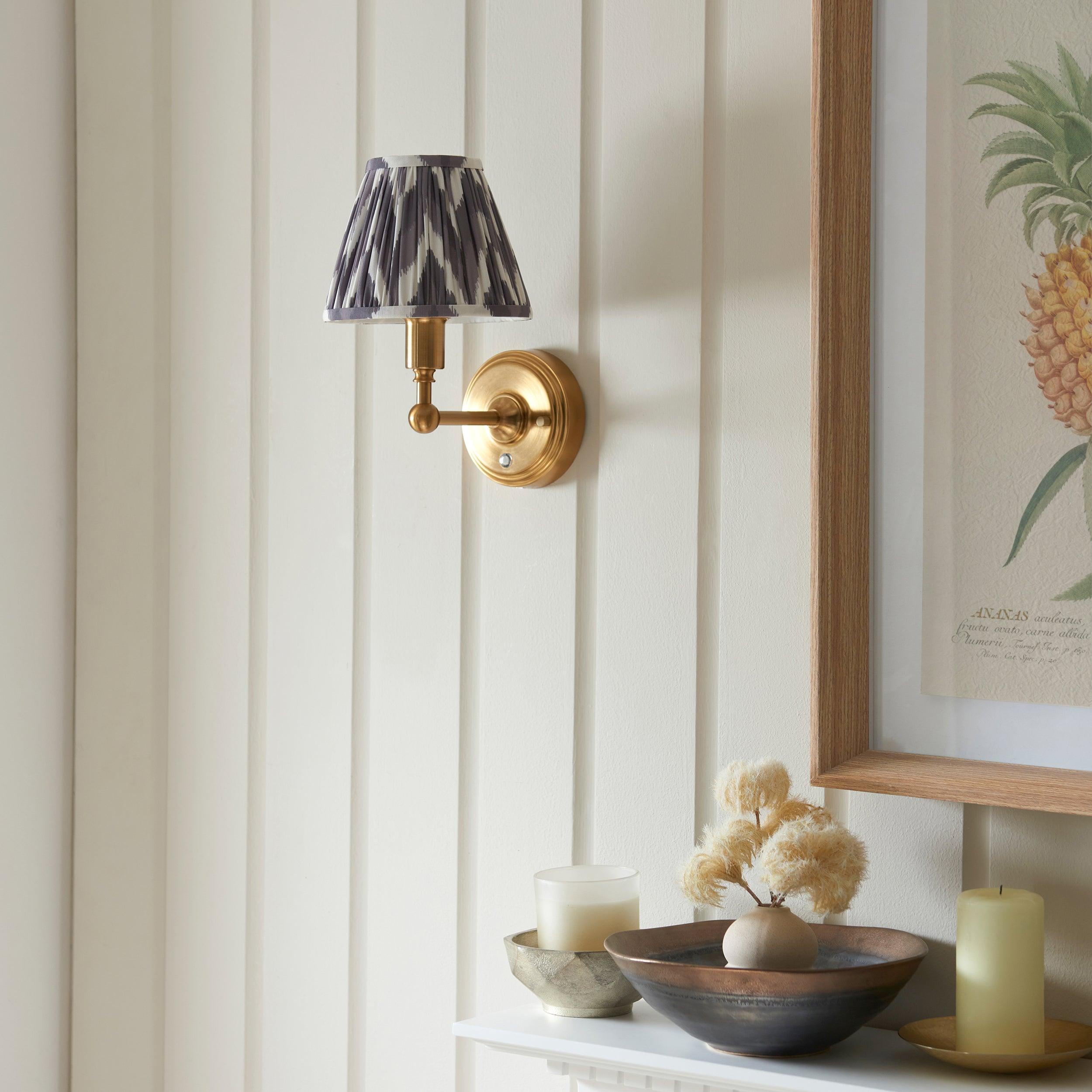 Burley Rechargeable Brass Wall Light & Zigzag 16cm Pearl Grey Shade