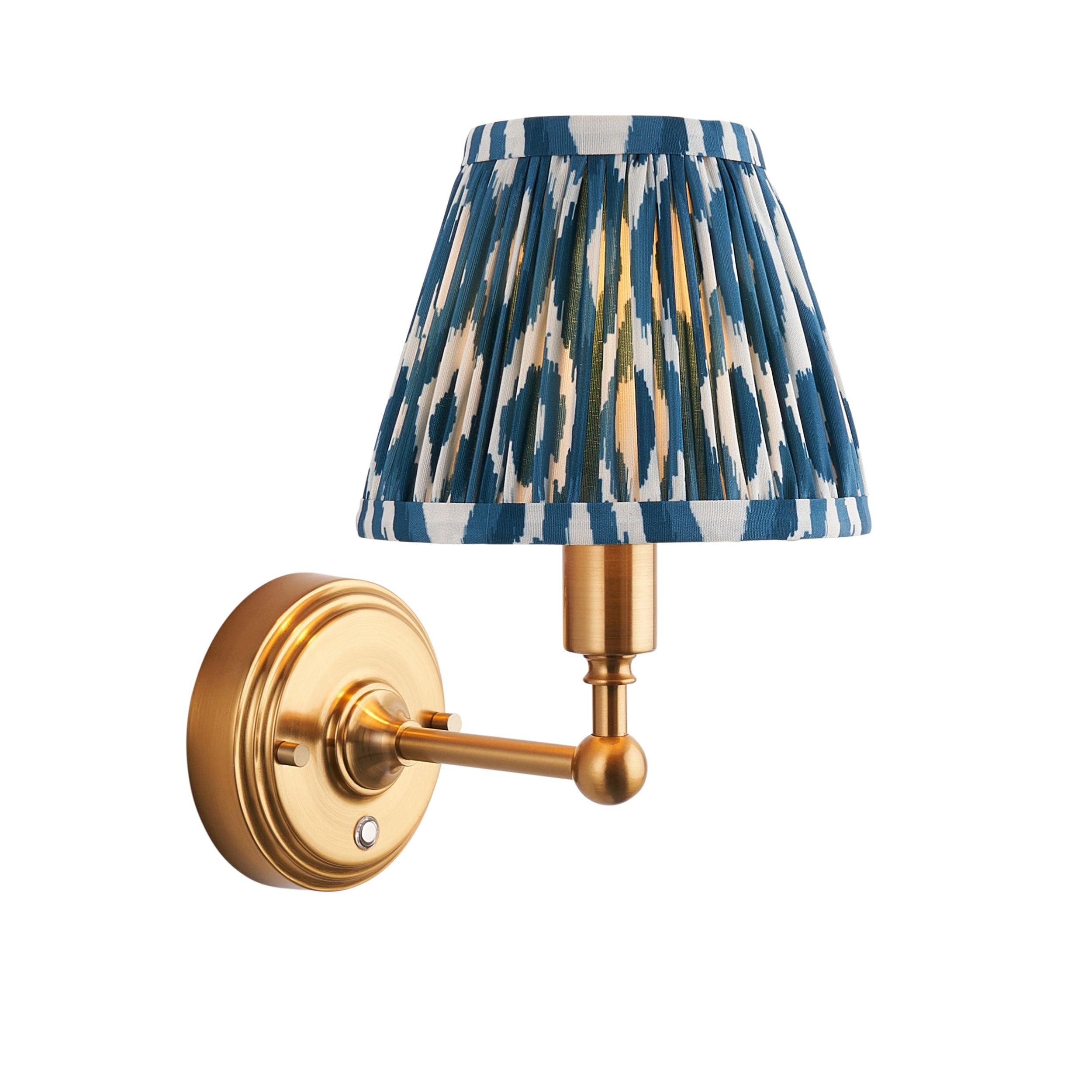 Burley Rechargeable Brass Wall Light & Ikat 16cm Marlin Blue Shade