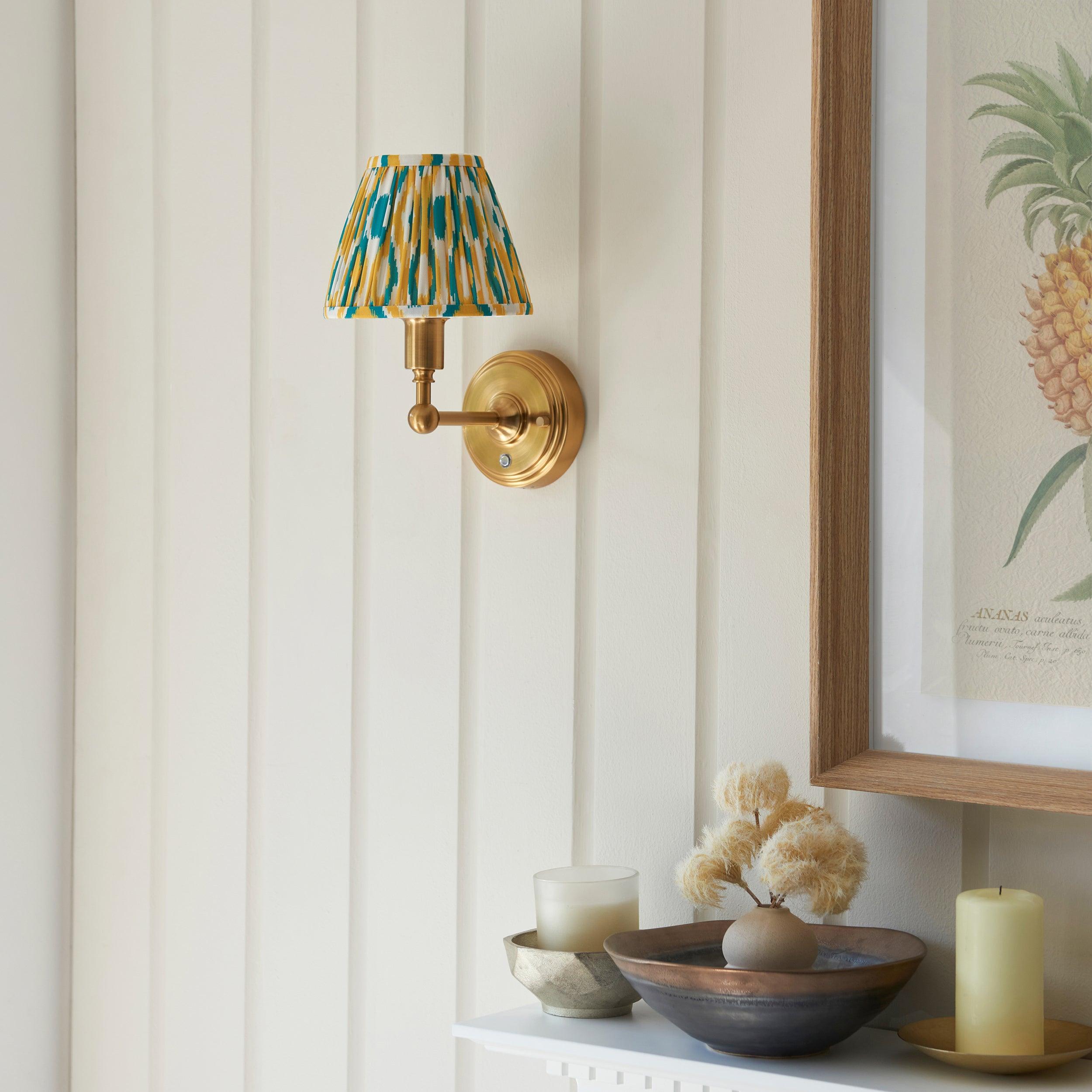 Burley Rechargeable Brass Wall Light & Ikat 16cm Yellow & Jade Shade