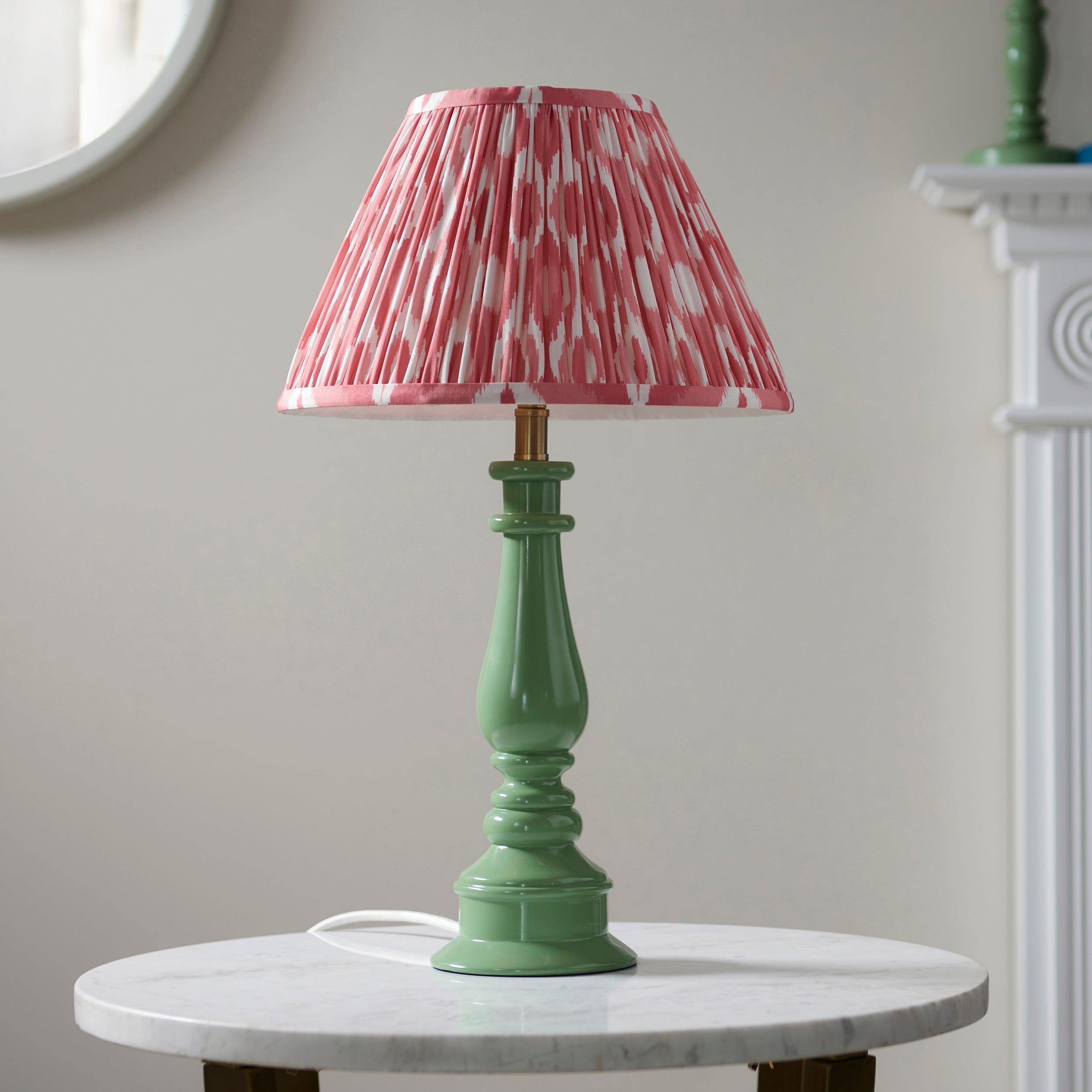 Myrtle Green Table Lamp & Ikat 30cm Coral Pink Shade