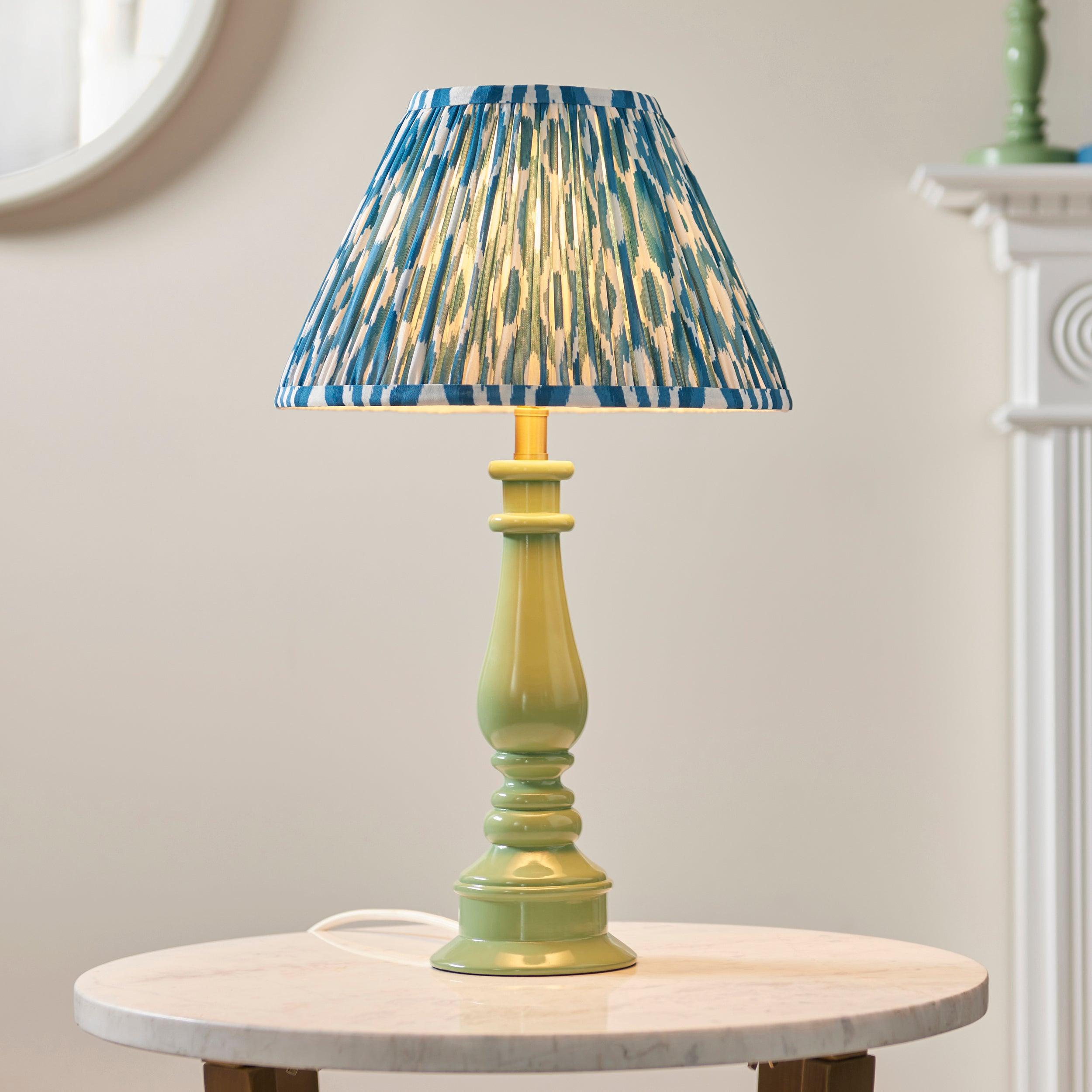 Myrtle Green Table Lamp & Ikat 30cm Marlin Blue Shade