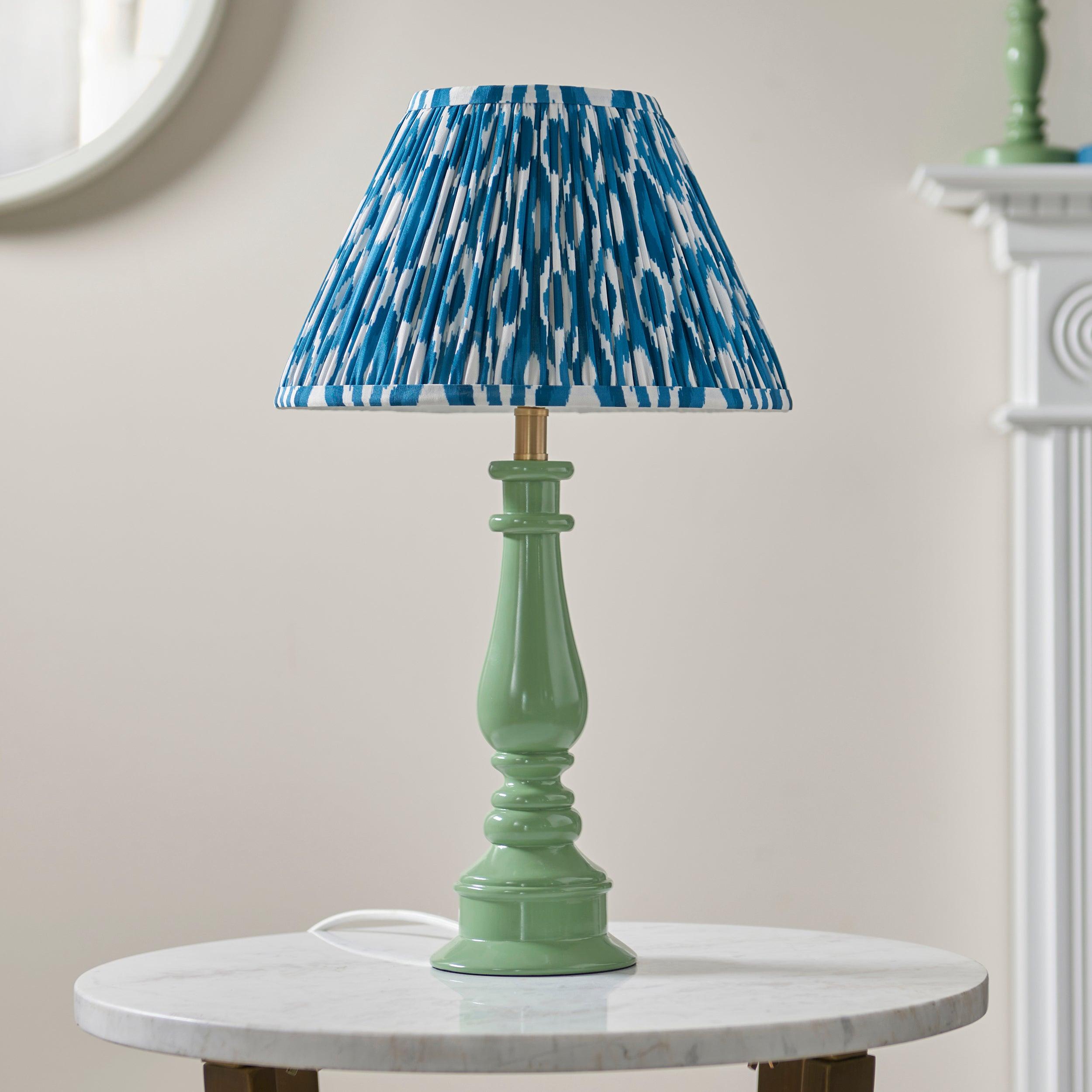 Myrtle Green Table Lamp & Ikat 30cm Marlin Blue Shade