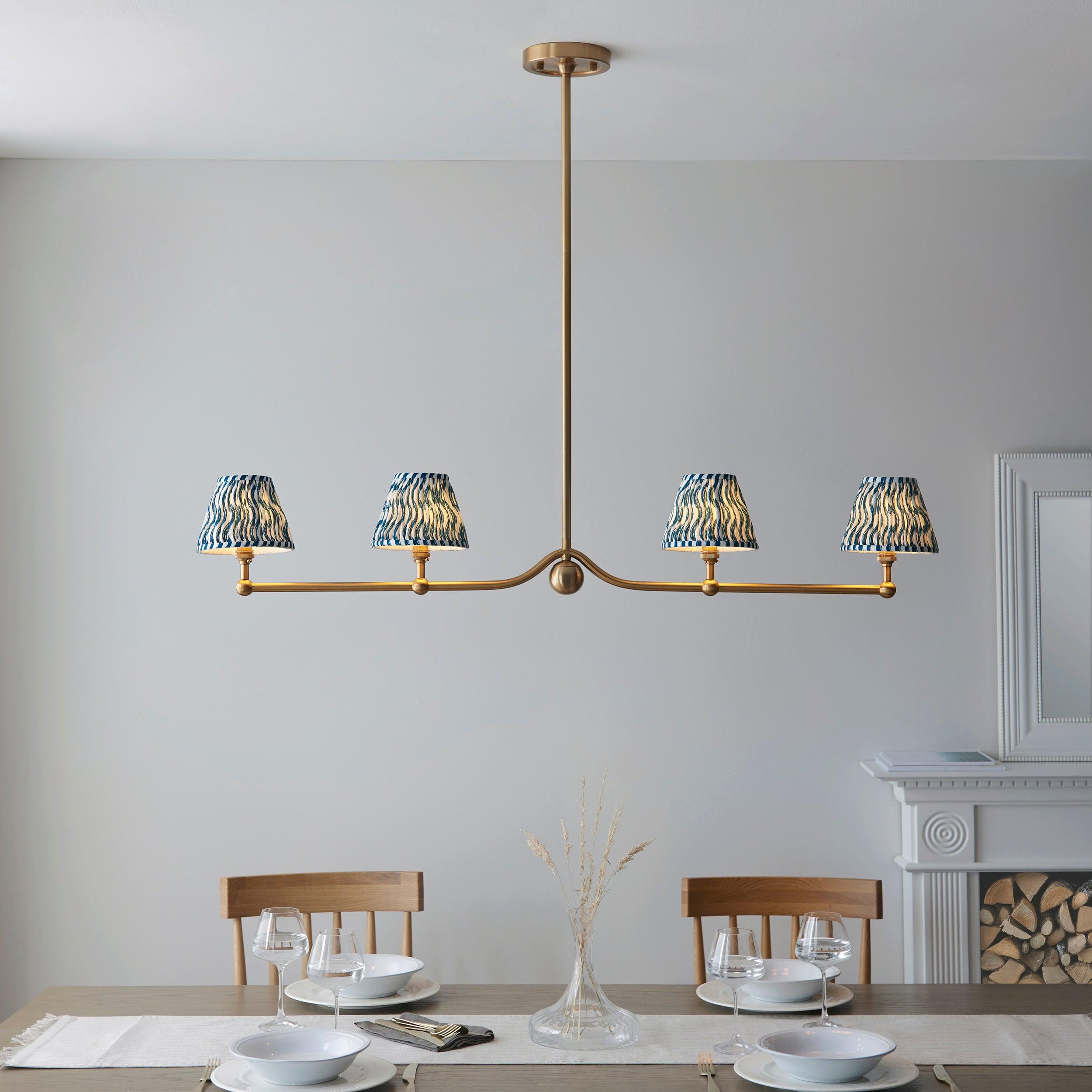 Santiago Brass 4 Light Pendant Ceiling Light With Blue Ripple 16cm Shades