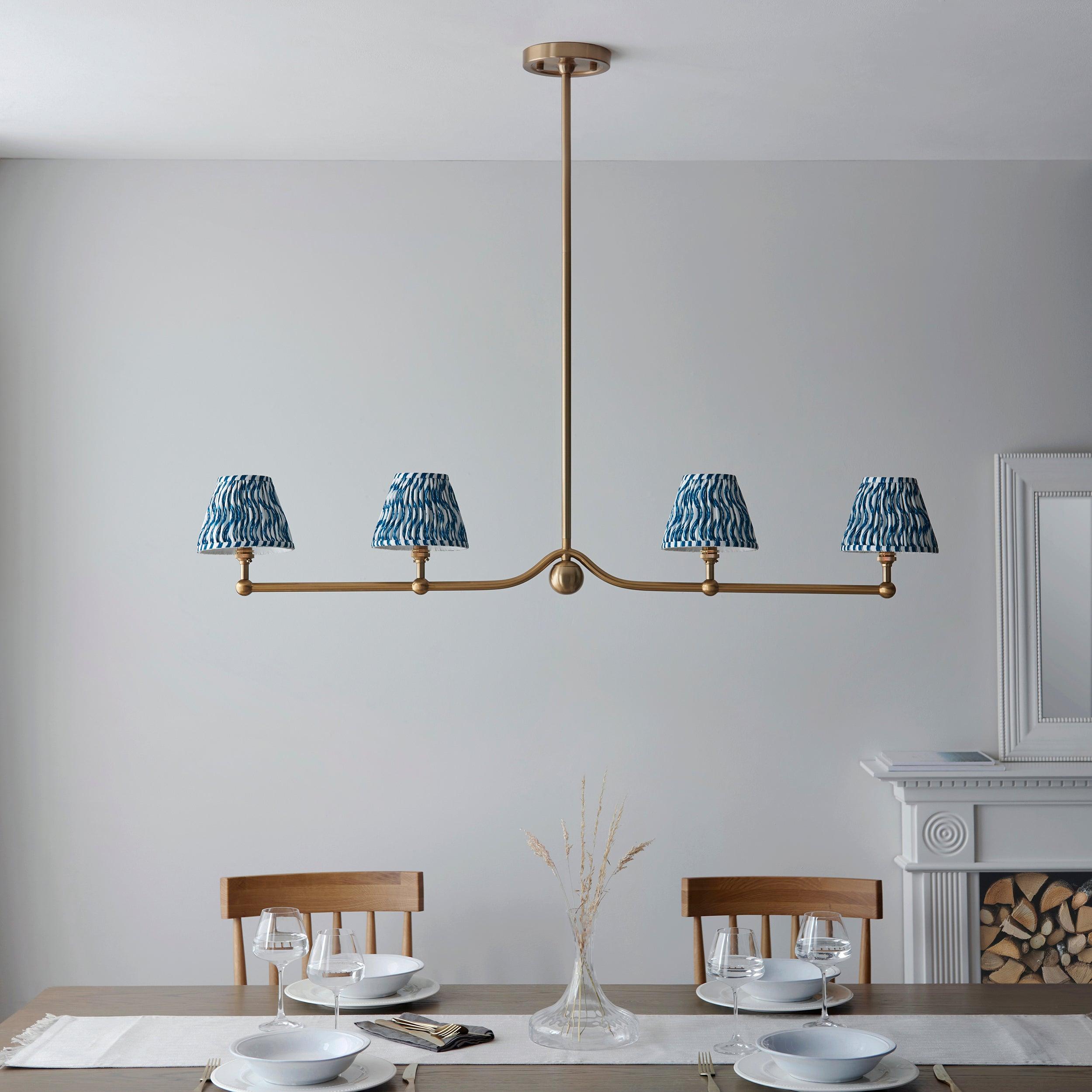 Santiago Brass 4 Light Pendant Ceiling Light With Blue Ripple 16cm Shades