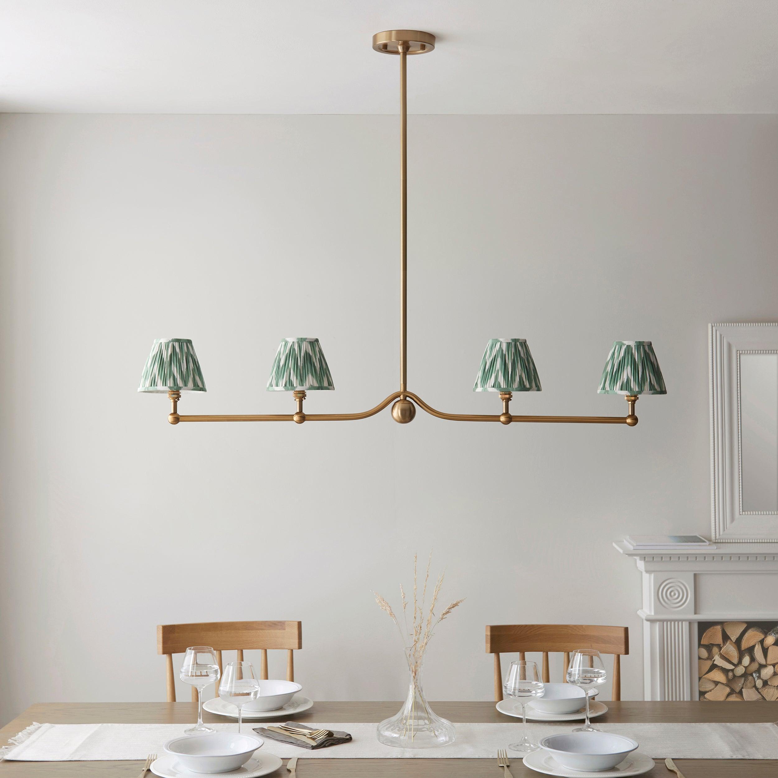Santiago Brass 4 Light Pendant Ceiling Light With Green Zigzag 16cm Shades
