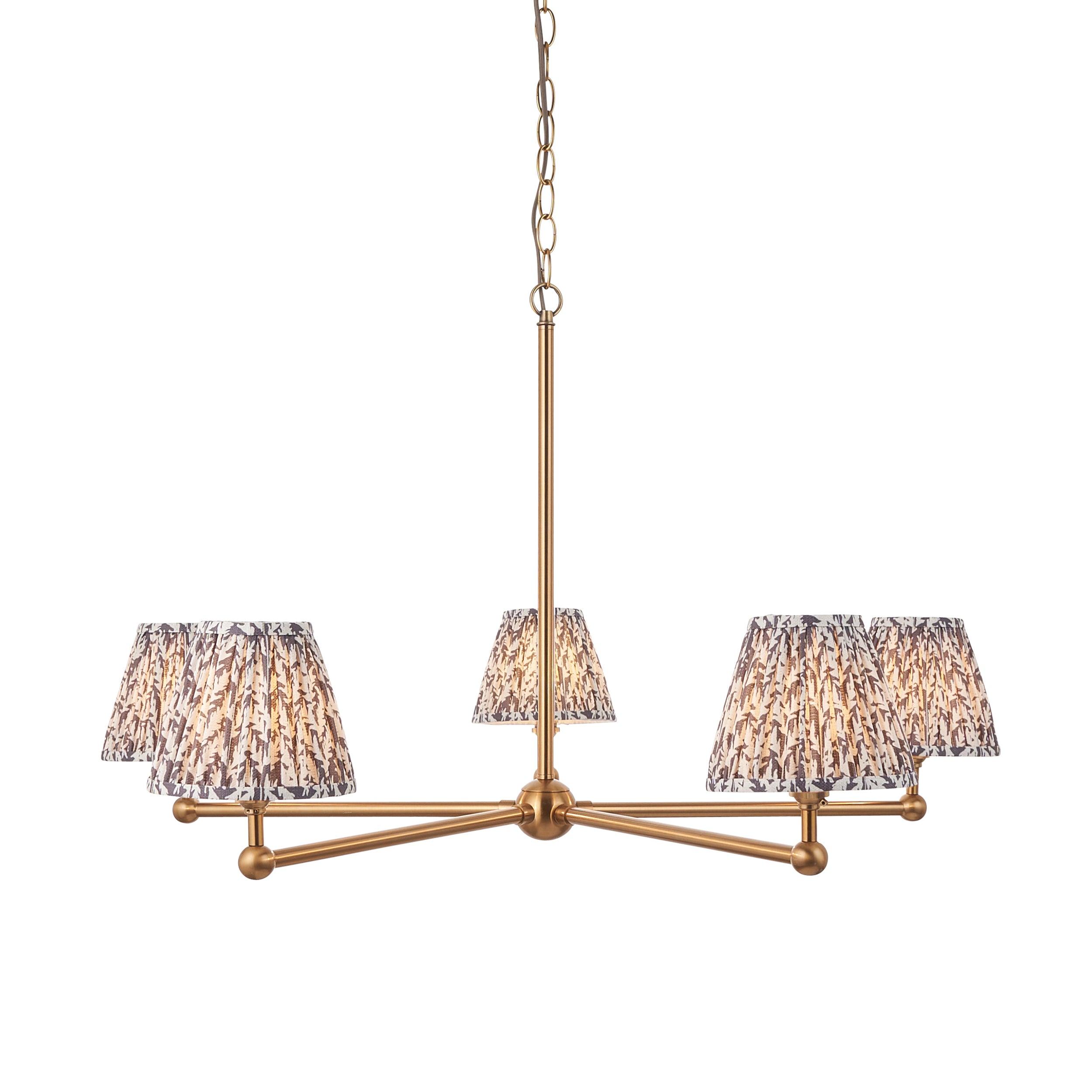 Santiago Brass 5 Light Pendant Ceiling Light With Grey Leaf 16cm Shades