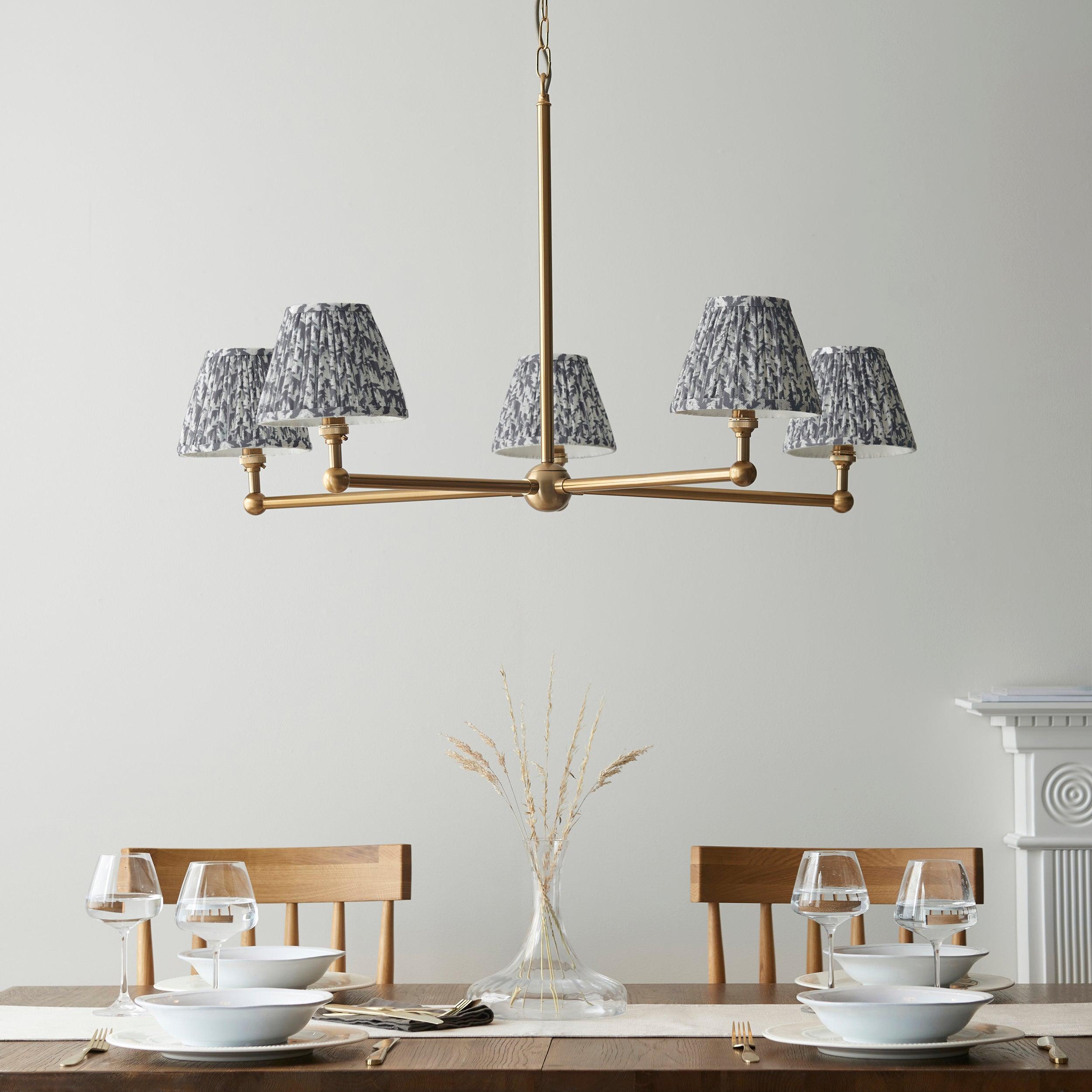 Santiago Brass 5 Light Pendant Ceiling Light With Grey Leaf 16cm Shades