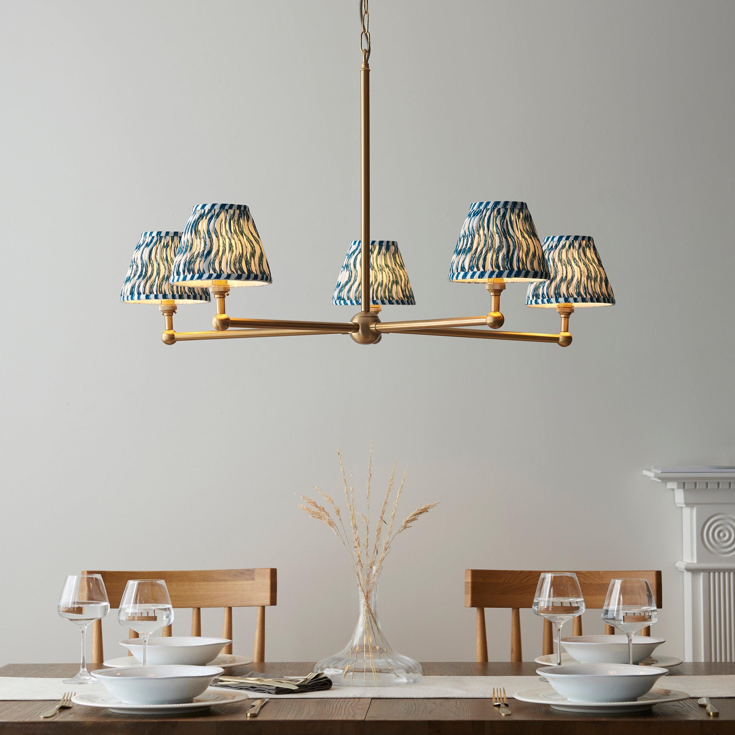 Santiago Brass 5 Light Pendant Ceiling Light With Blue RIpple 16cm Shades