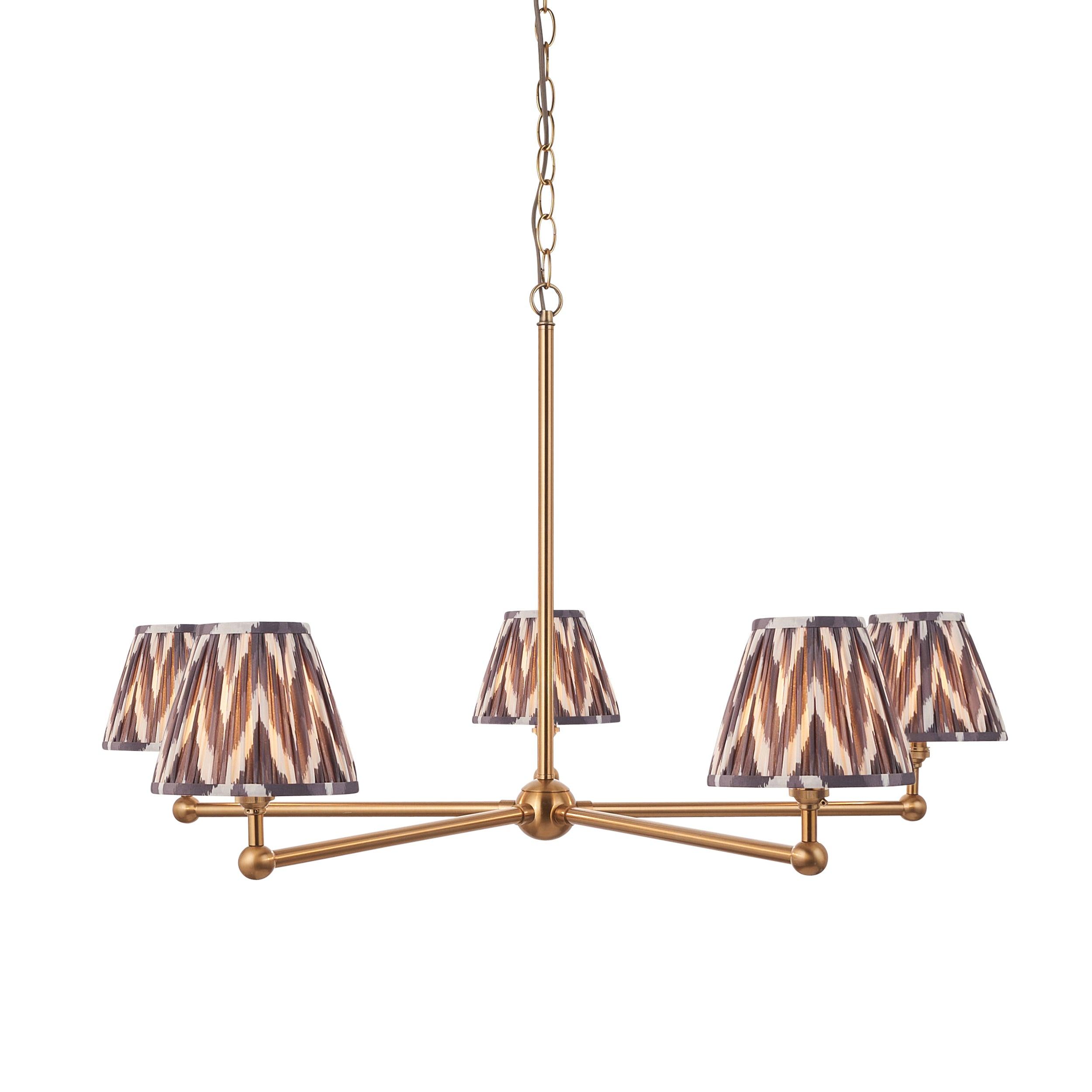 Santiago Brass 5 Light Pendant Ceiling Light With Grey Zigzag 16cm Shades