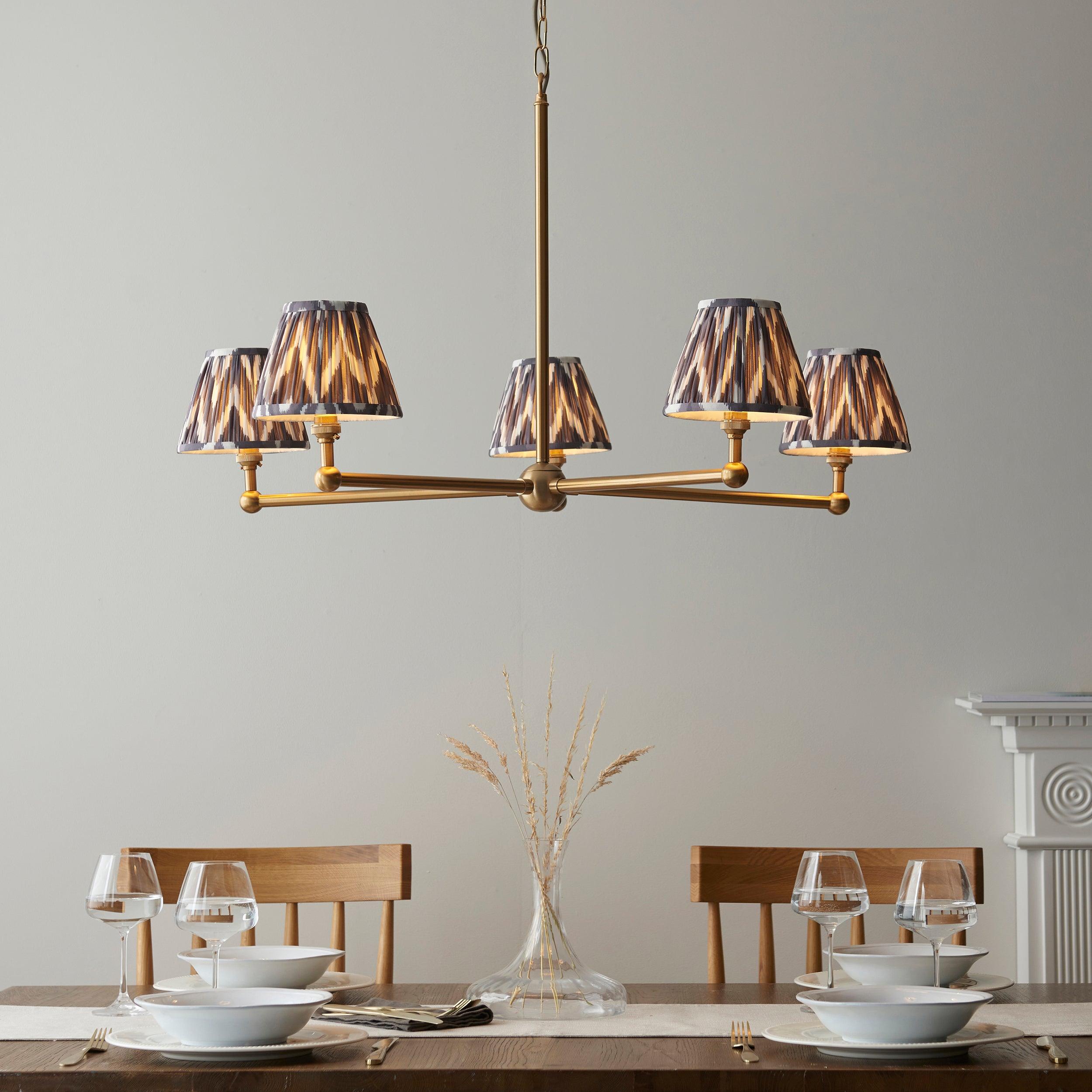 Santiago Brass 5 Light Pendant Ceiling Light With Grey Zigzag 16cm Shades