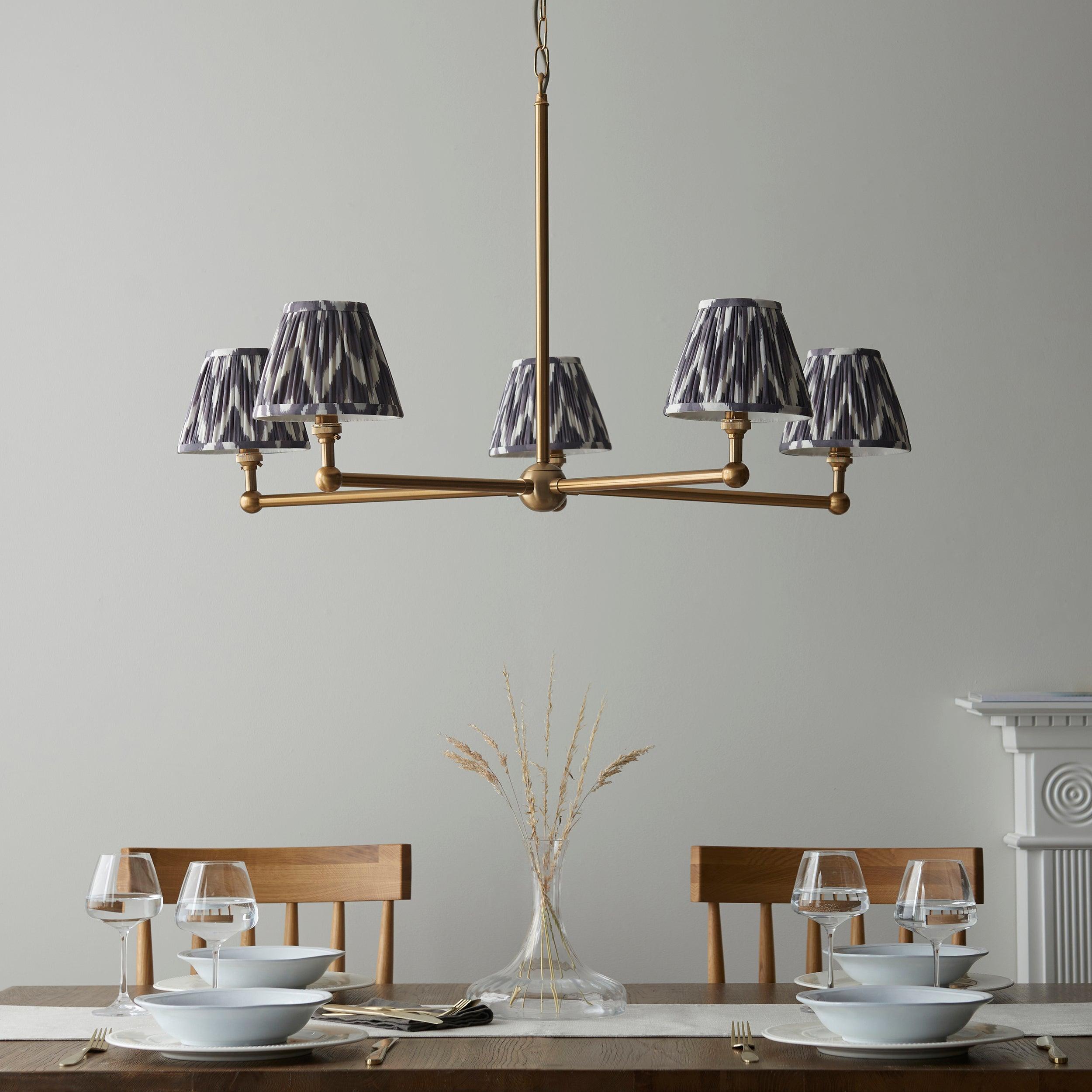 Santiago Brass 5 Light Pendant Ceiling Light With Grey Zigzag 16cm Shades