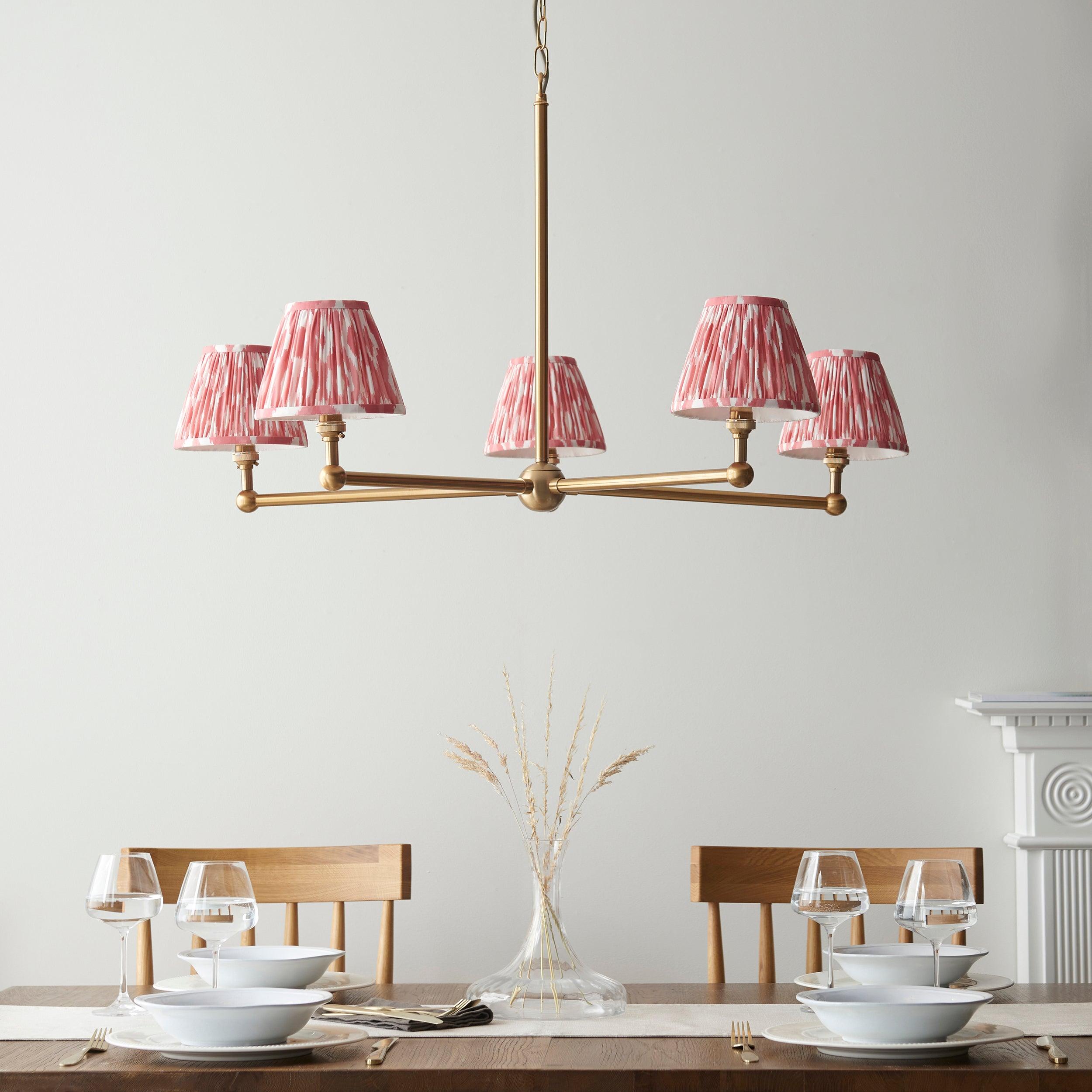 Santiago Brass 5 Light Pendant Ceiling Light With Pink Ikat 16cm Shades