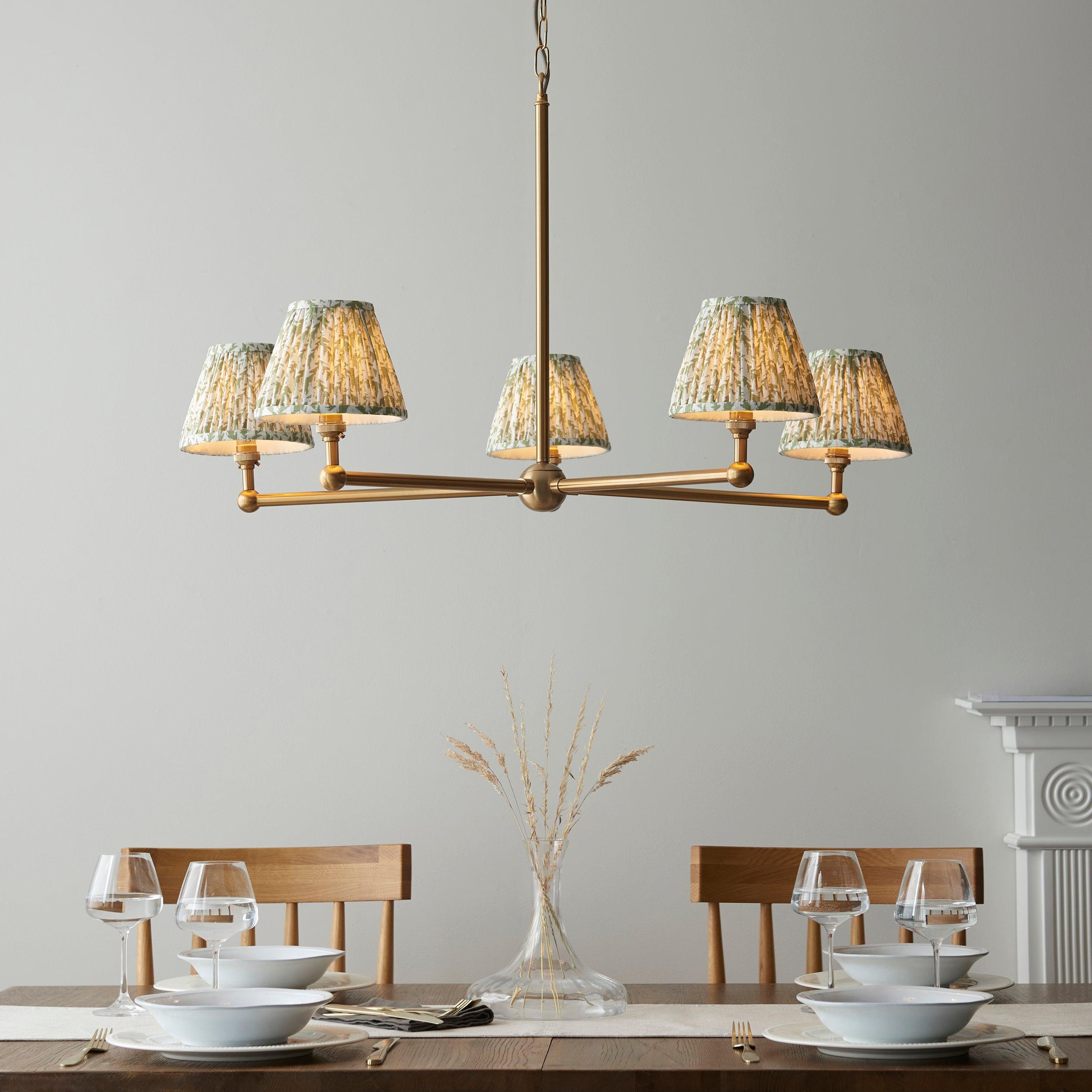 Santiago Brass 5 Light Pendant Ceiling Light With Green Leaf 16cm Shades