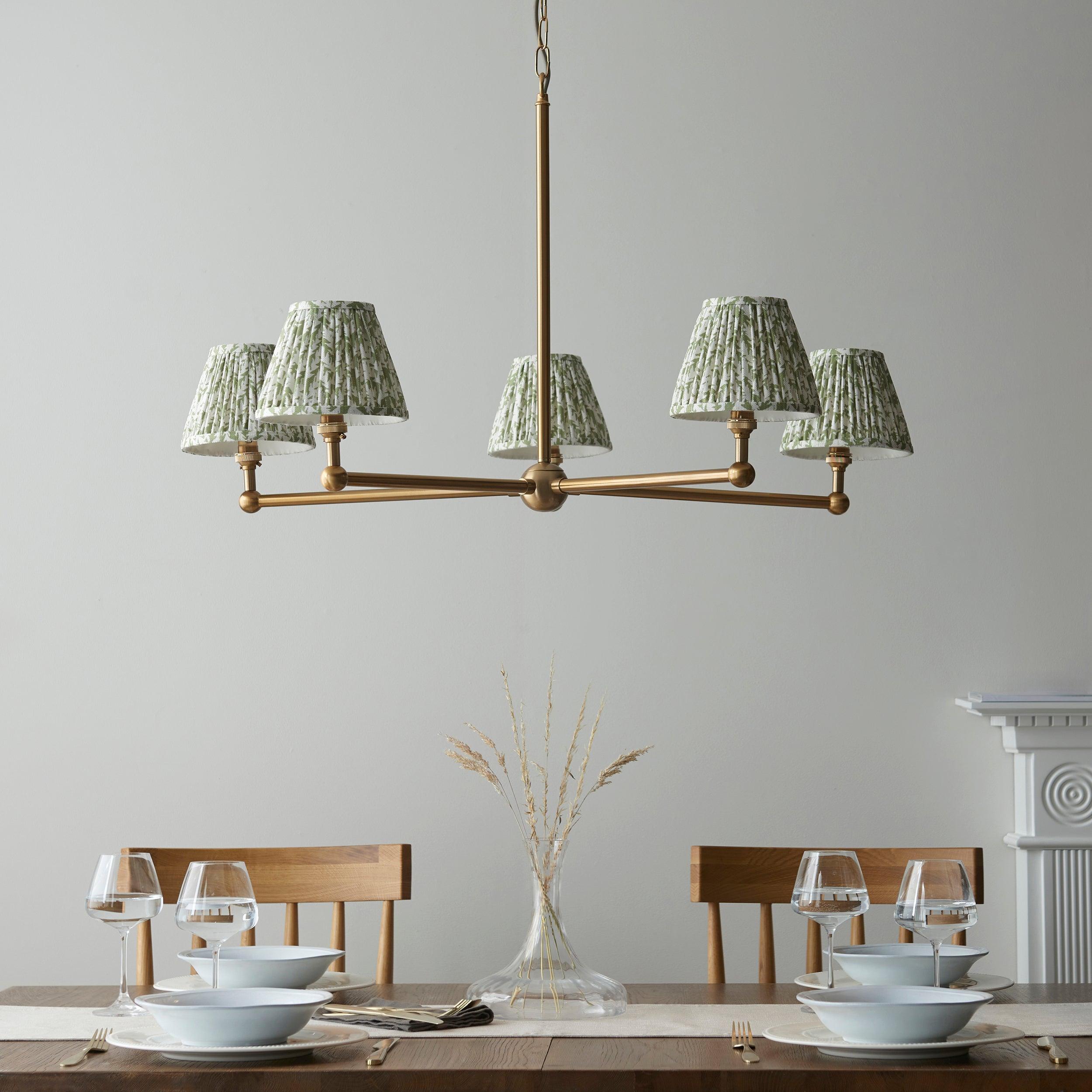 Santiago Brass 5 Light Pendant Ceiling Light With Green Leaf 16cm Shades