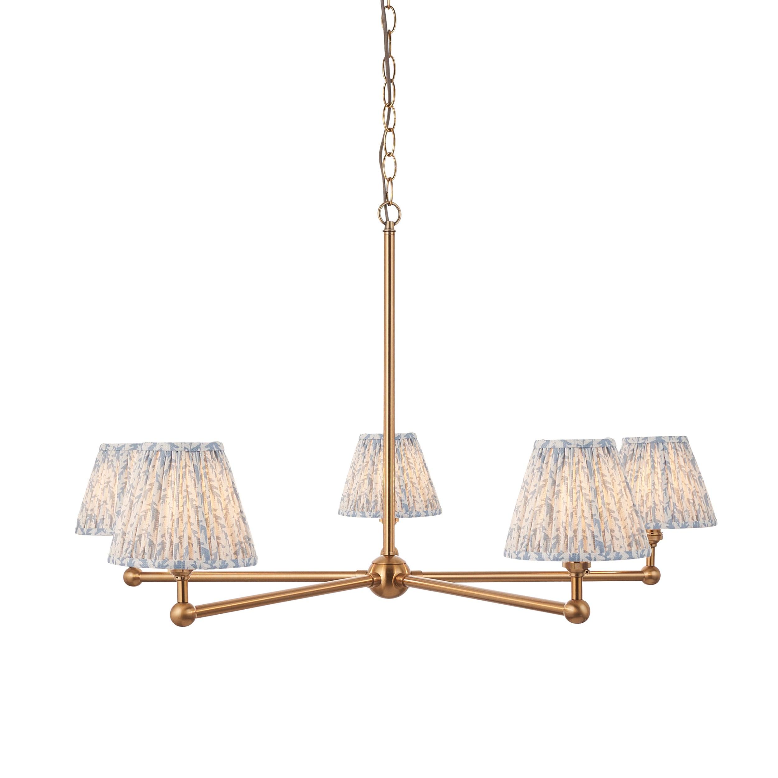 Santiago Brass 5 Light Pendant Ceiling Light With Blue Leaf 16cm Shades