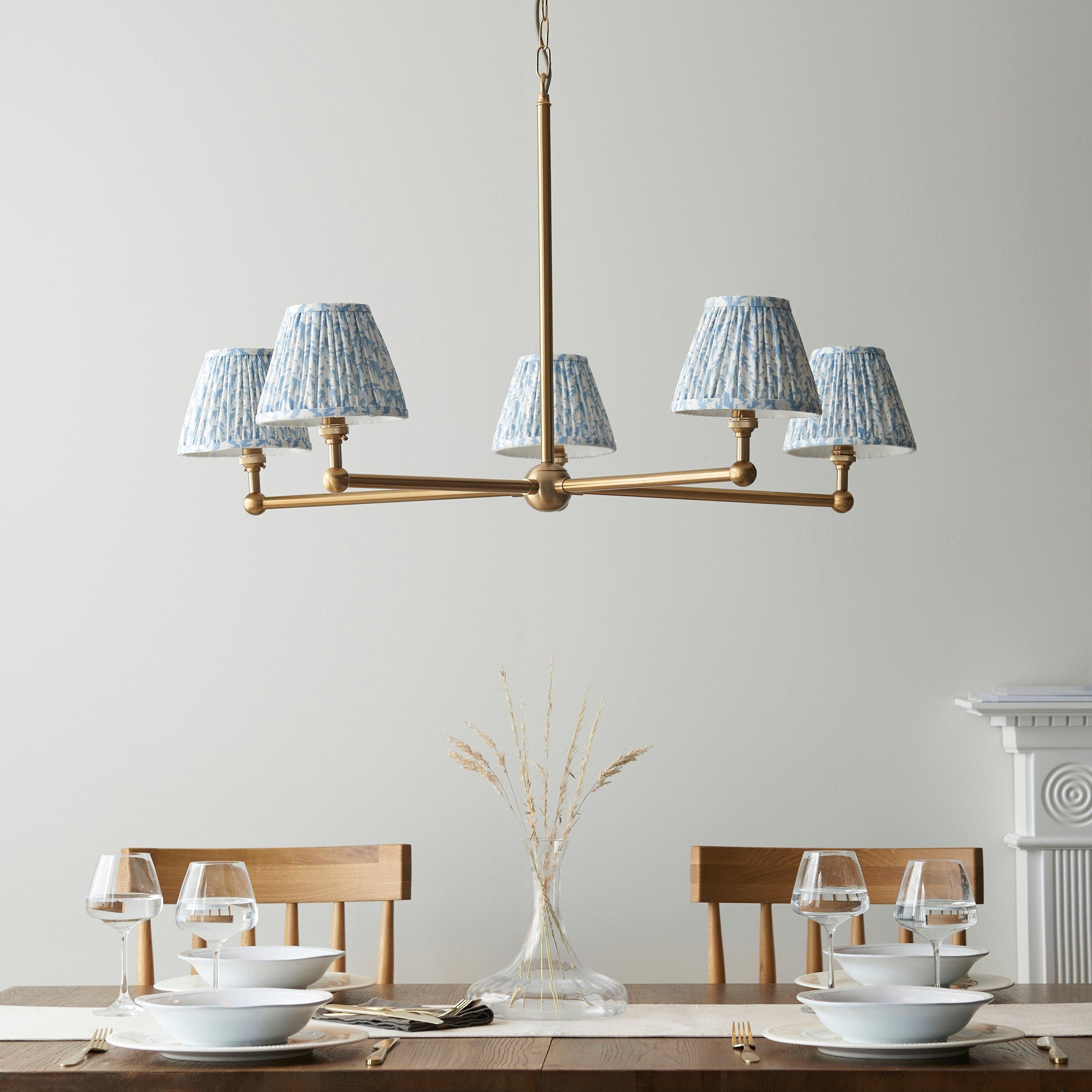 Santiago Brass 5 Light Pendant Ceiling Light With Blue Leaf 16cm Shades