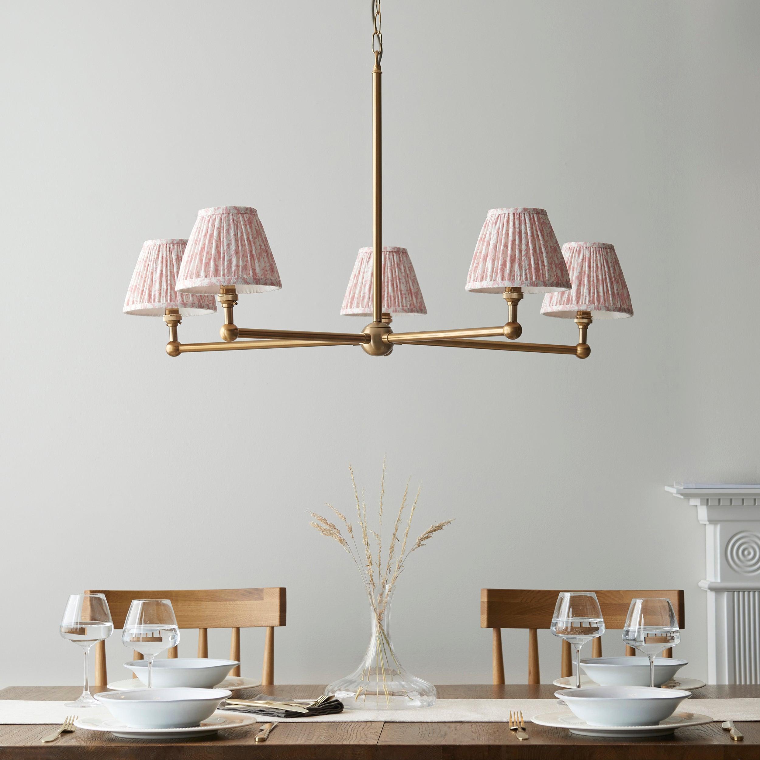 Santiago Brass 5 Light Pendant Ceiling Light With Peachy Leaf 16cm Shades
