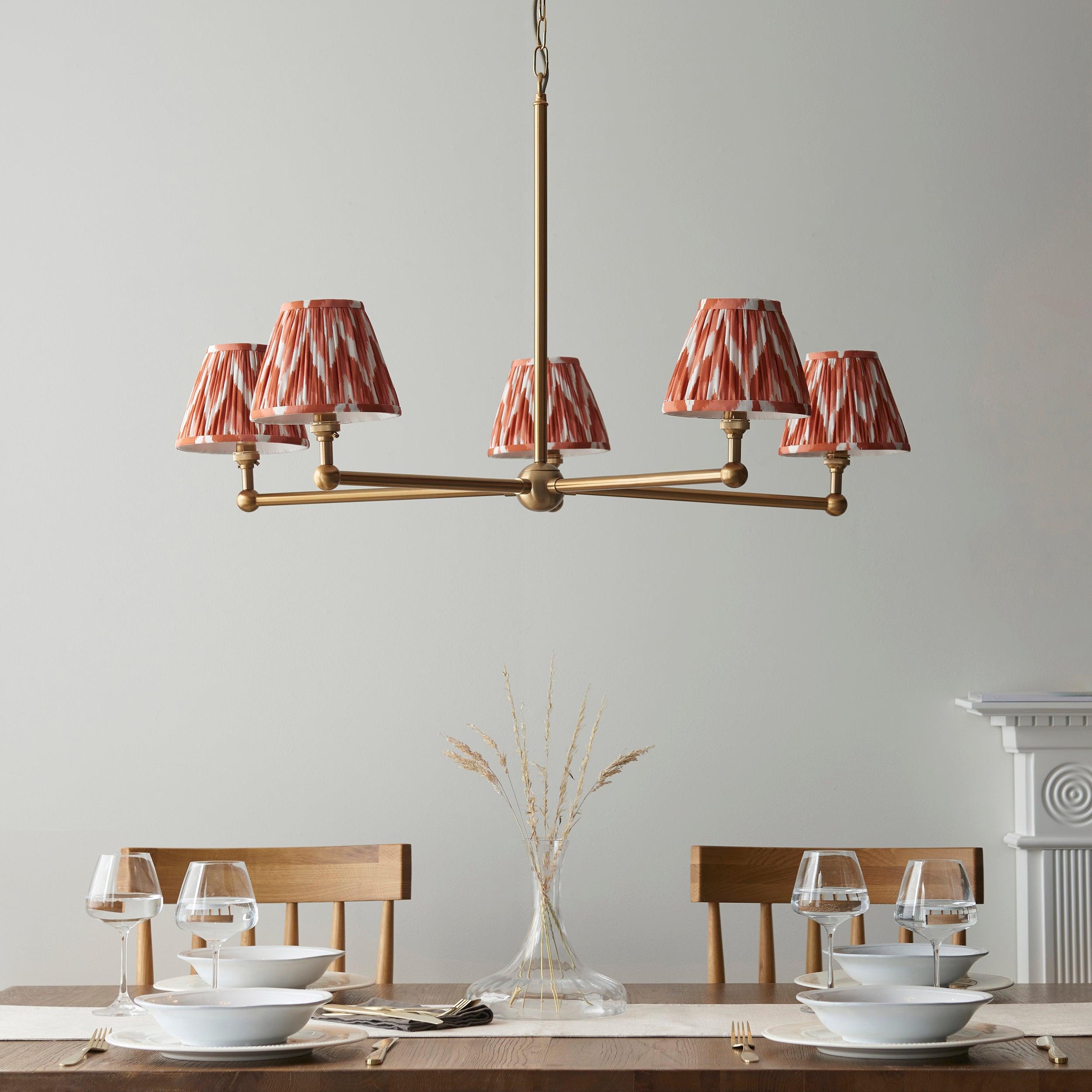 Santiago Brass 5 Light Pendant Ceiling Light With Orange Zigzag 16cm Shades