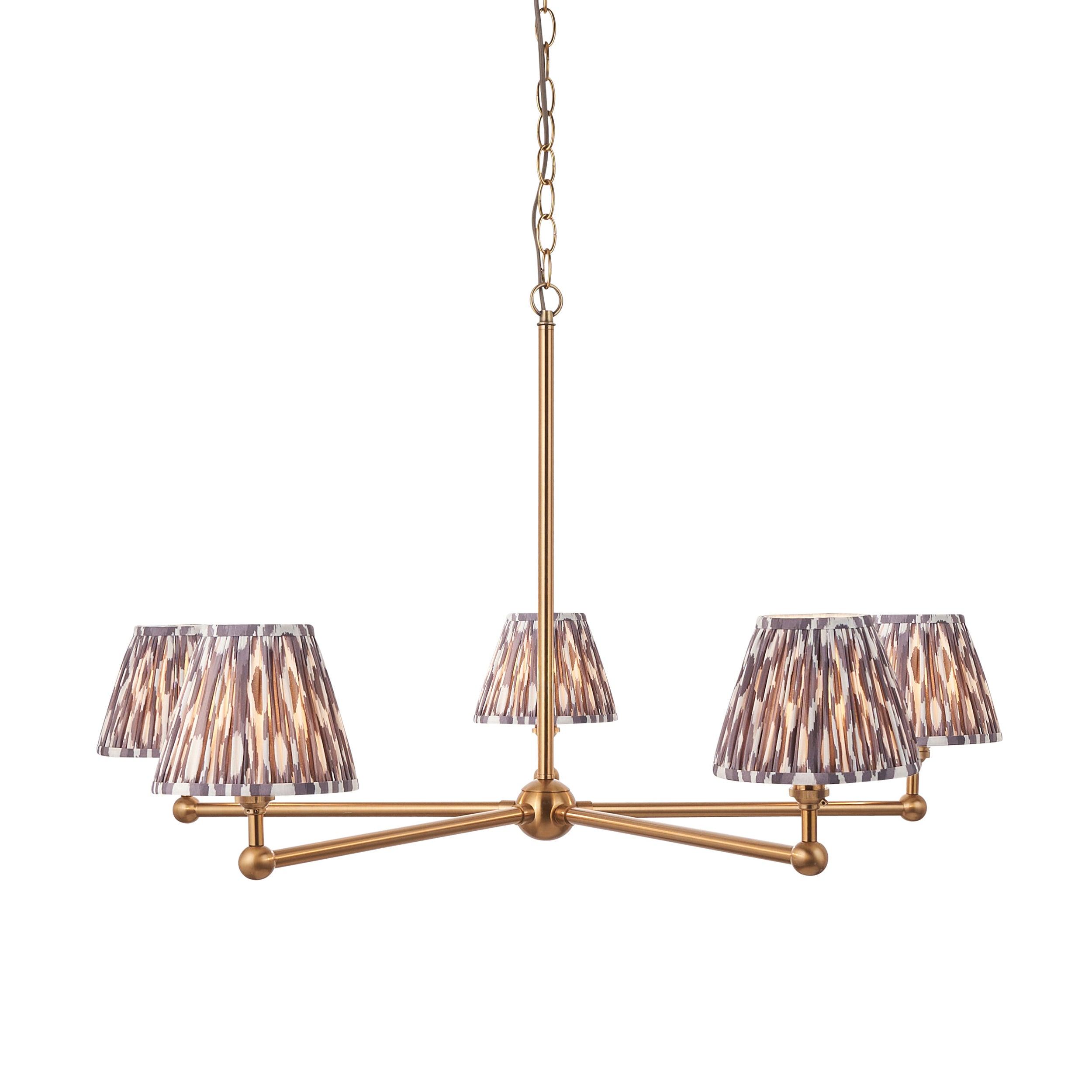 Santiago Brass 5 Light Pendant Ceiling Light With Grey Ikat 16cm Shades