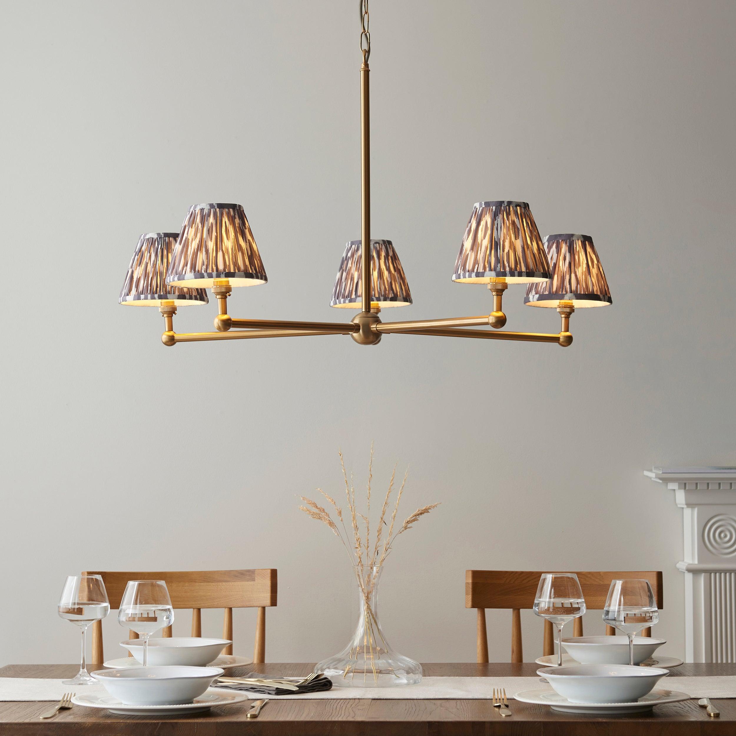 Santiago Brass 5 Light Pendant Ceiling Light With Grey Ikat 16cm Shades