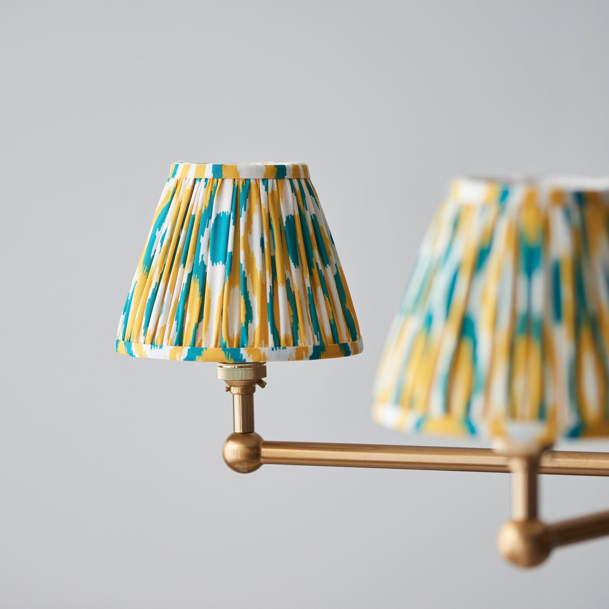 Santiago Brass 5 Light Pendant Ceiling Light With Yellow & Jade Ikat 16cm Shades