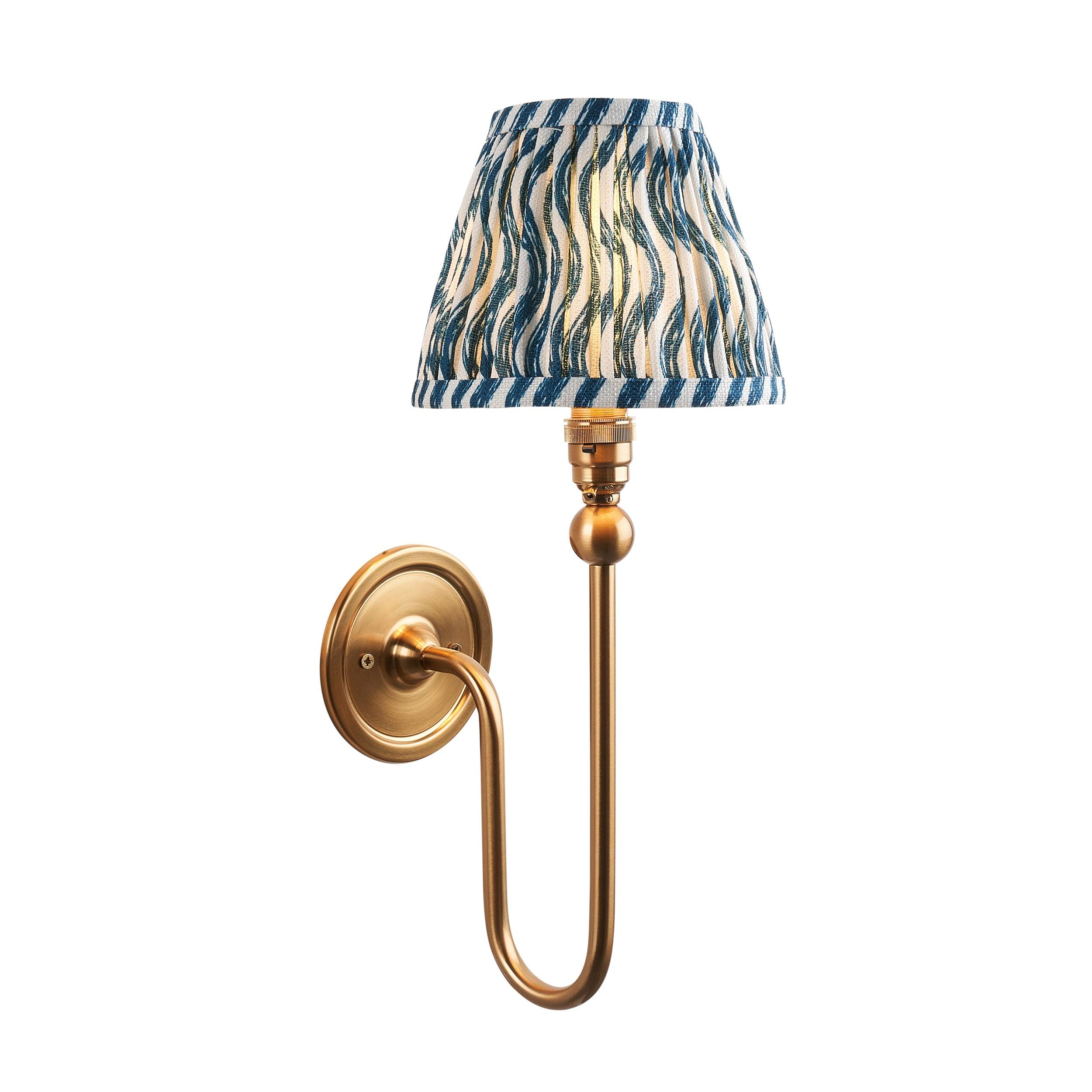 Santiago Long Line Brass Wall Light With Blue Ripple 16cm Shade