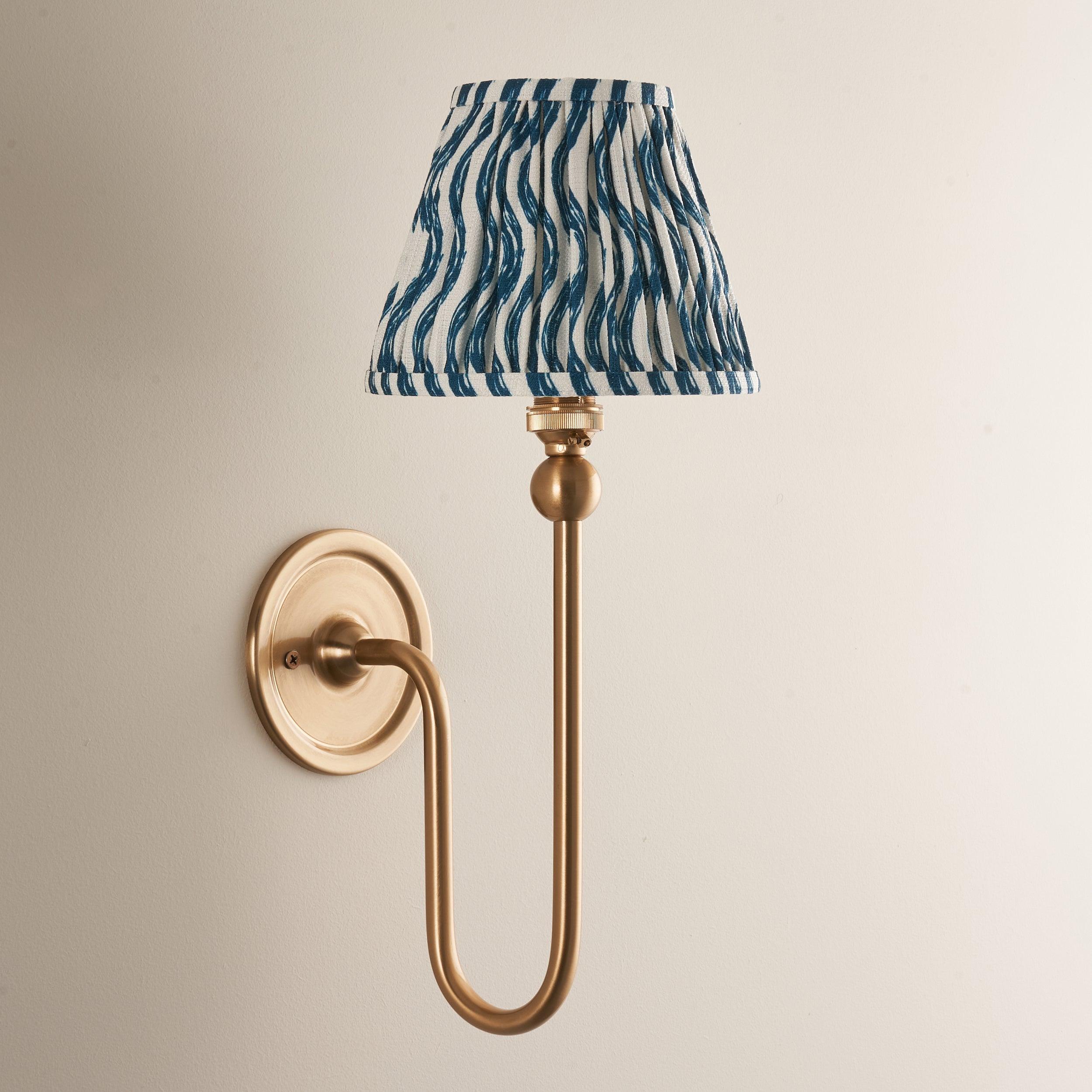 Santiago Long Line Brass Wall Light With Blue Ripple 16cm Shade