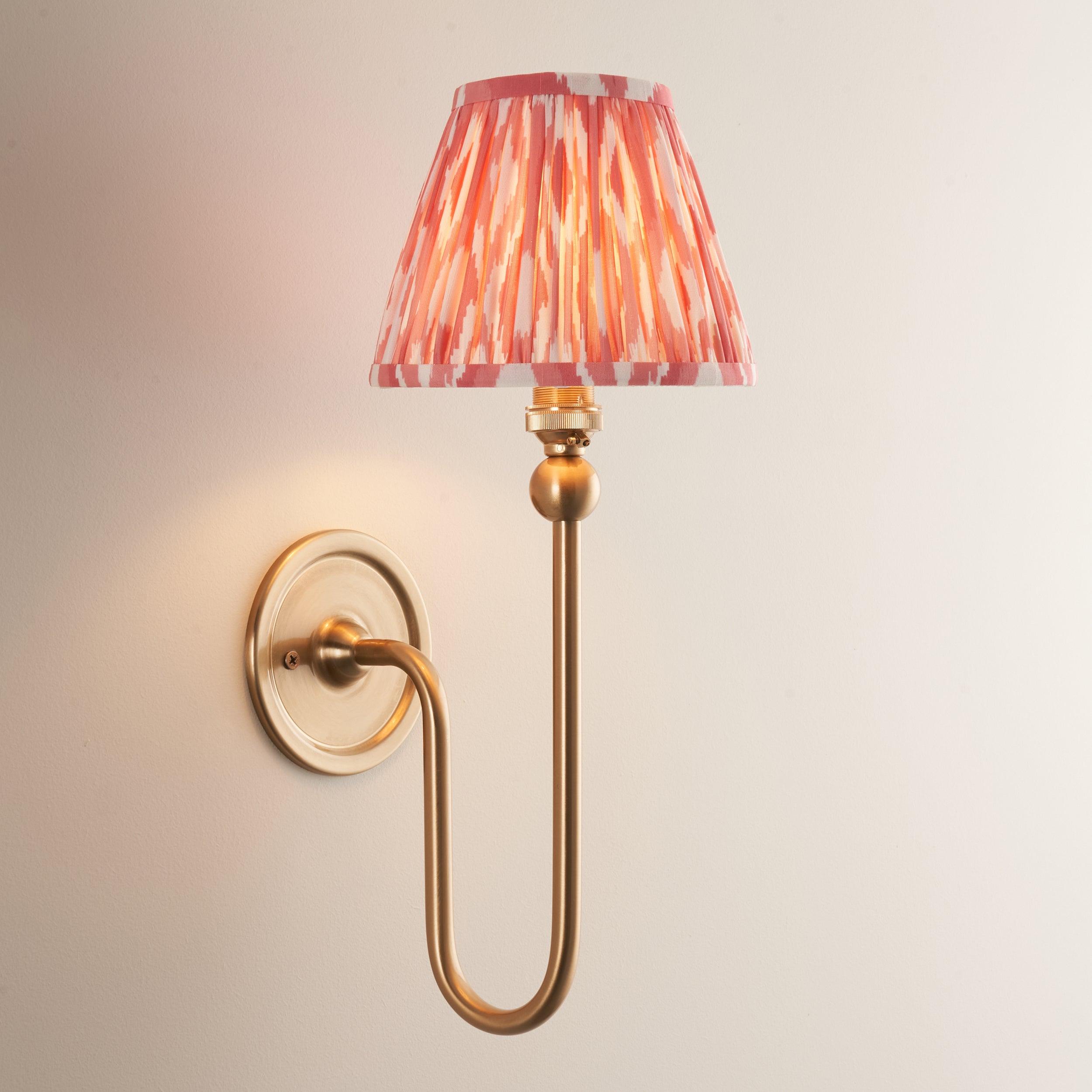 Santiago Long Line Brass Wall Light With Pink Ikat 16cmshade