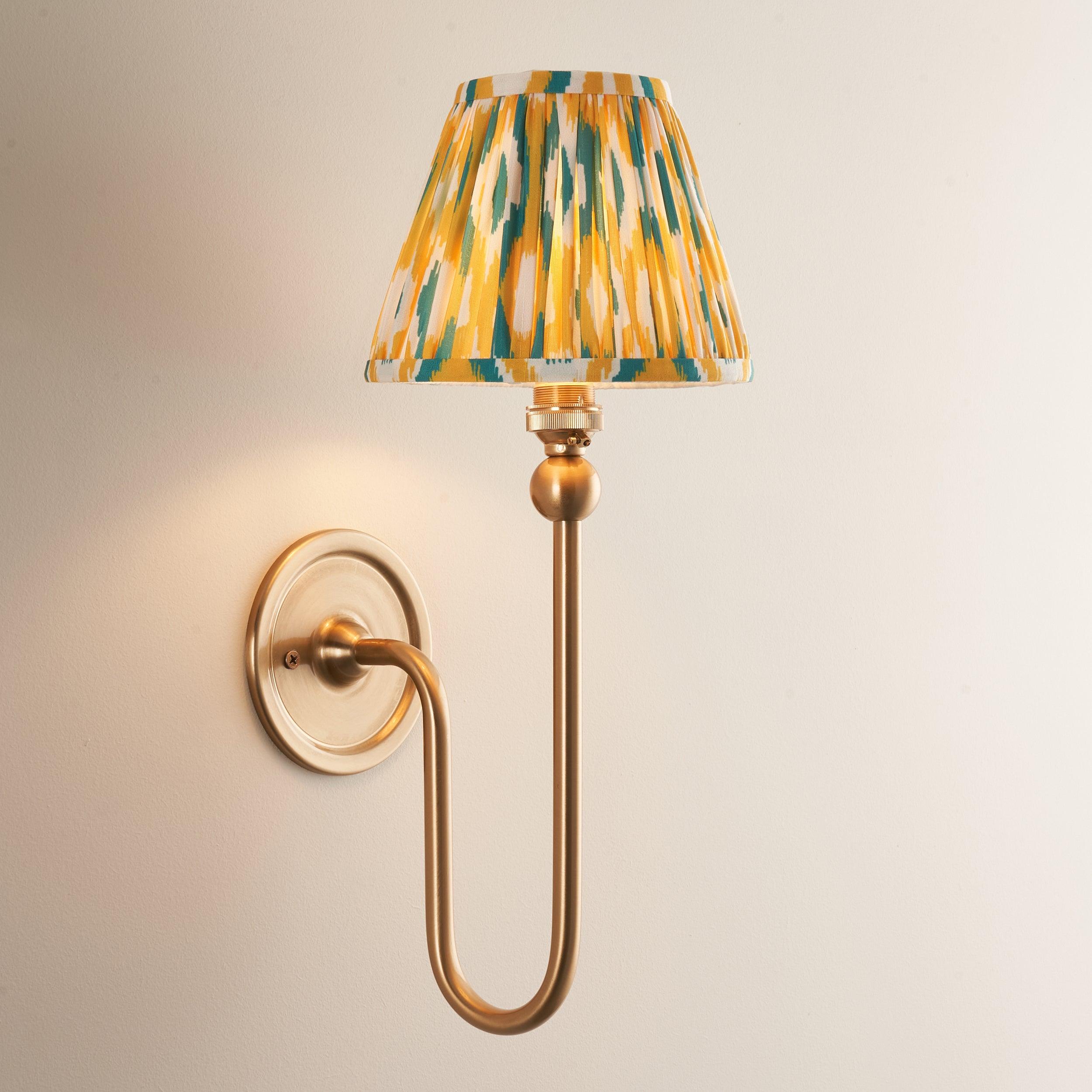 Santiago Long Line Brass Wall Light With Yellow & Jade Ikat 16cm Shade