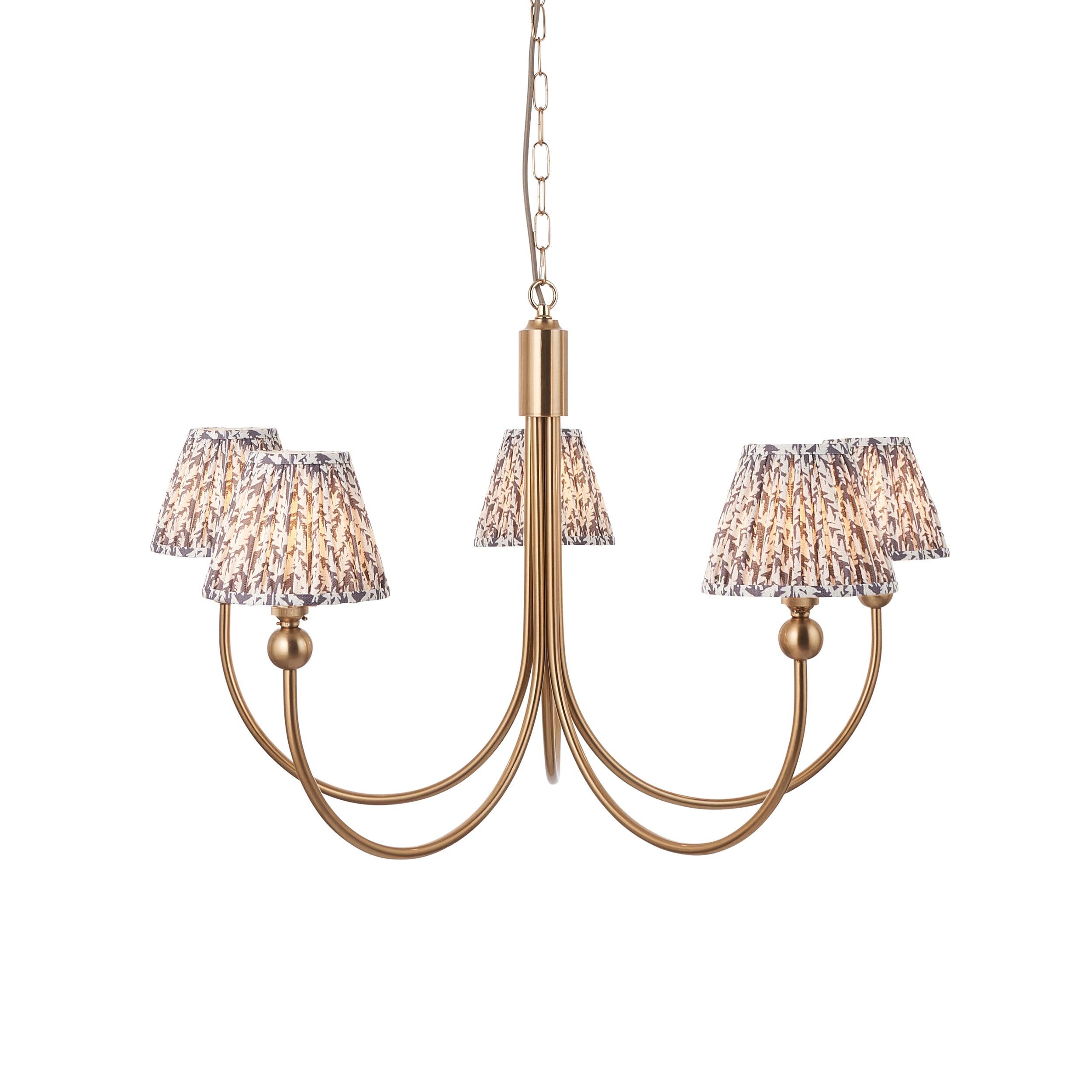 Santiago Brass Chandelier With Grey Leaf 16cm Shades