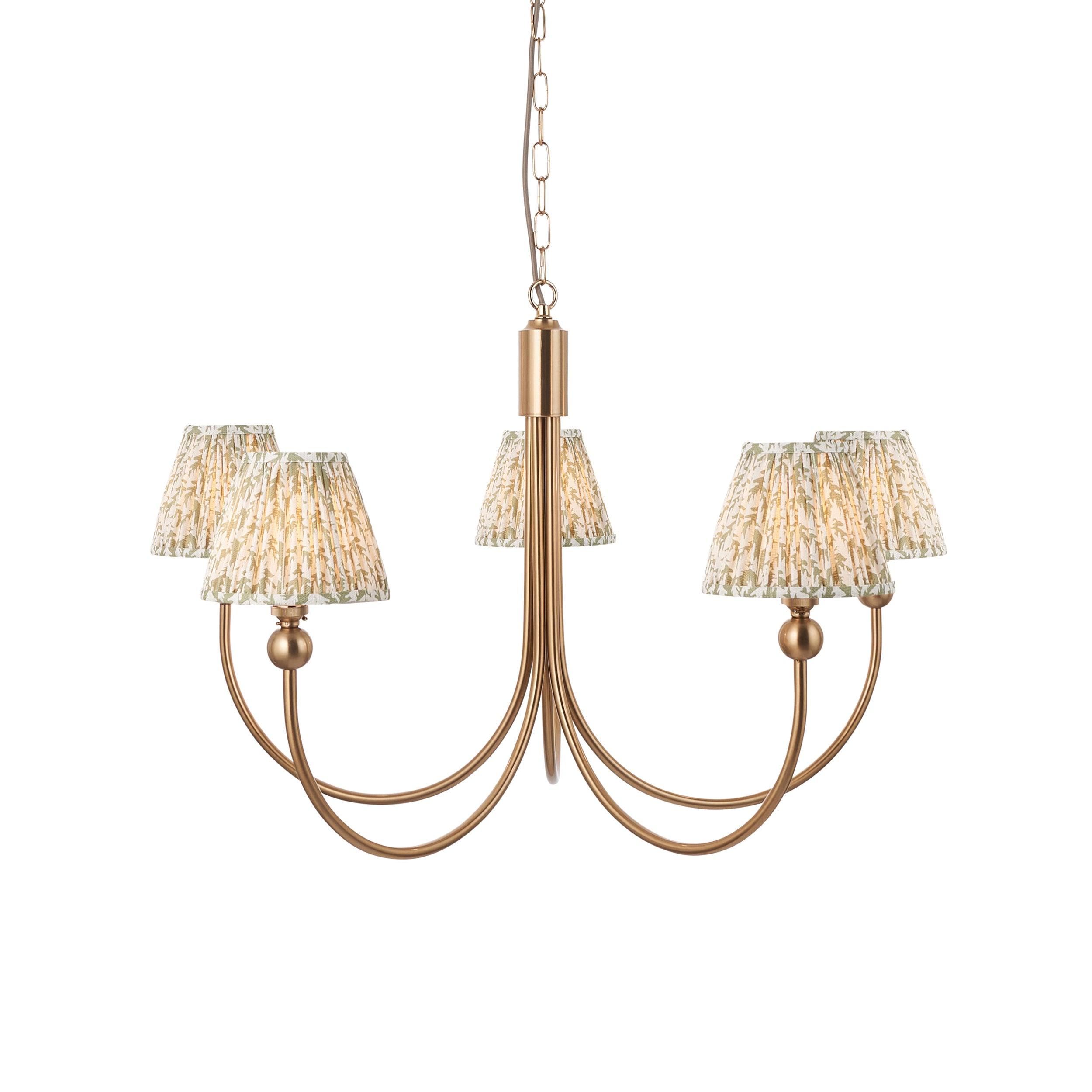 Santiago Brass Chandelier With Green Leaf 16cm Shades