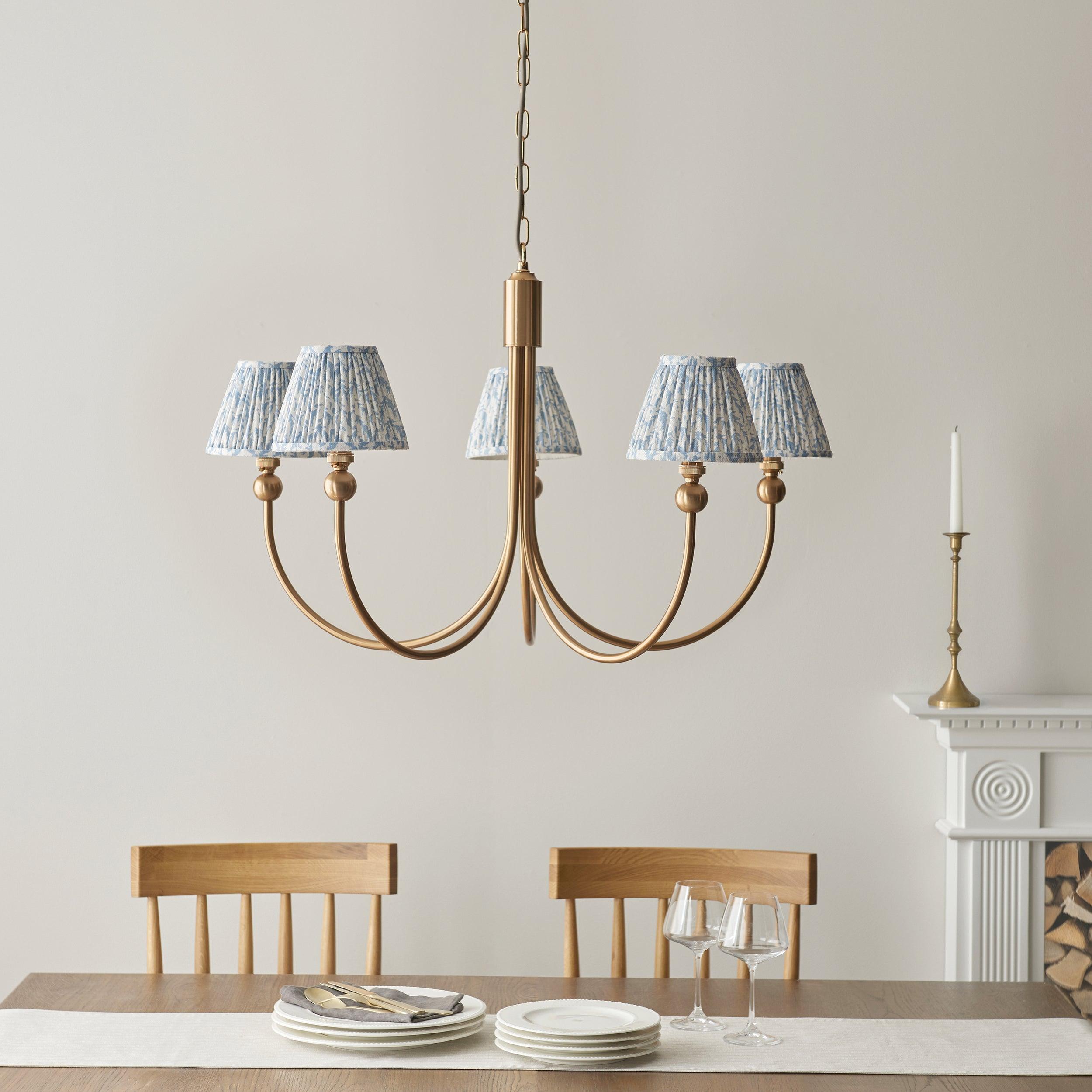 Santiago Brass Chandelier With Blue Leaf 16cm Shades