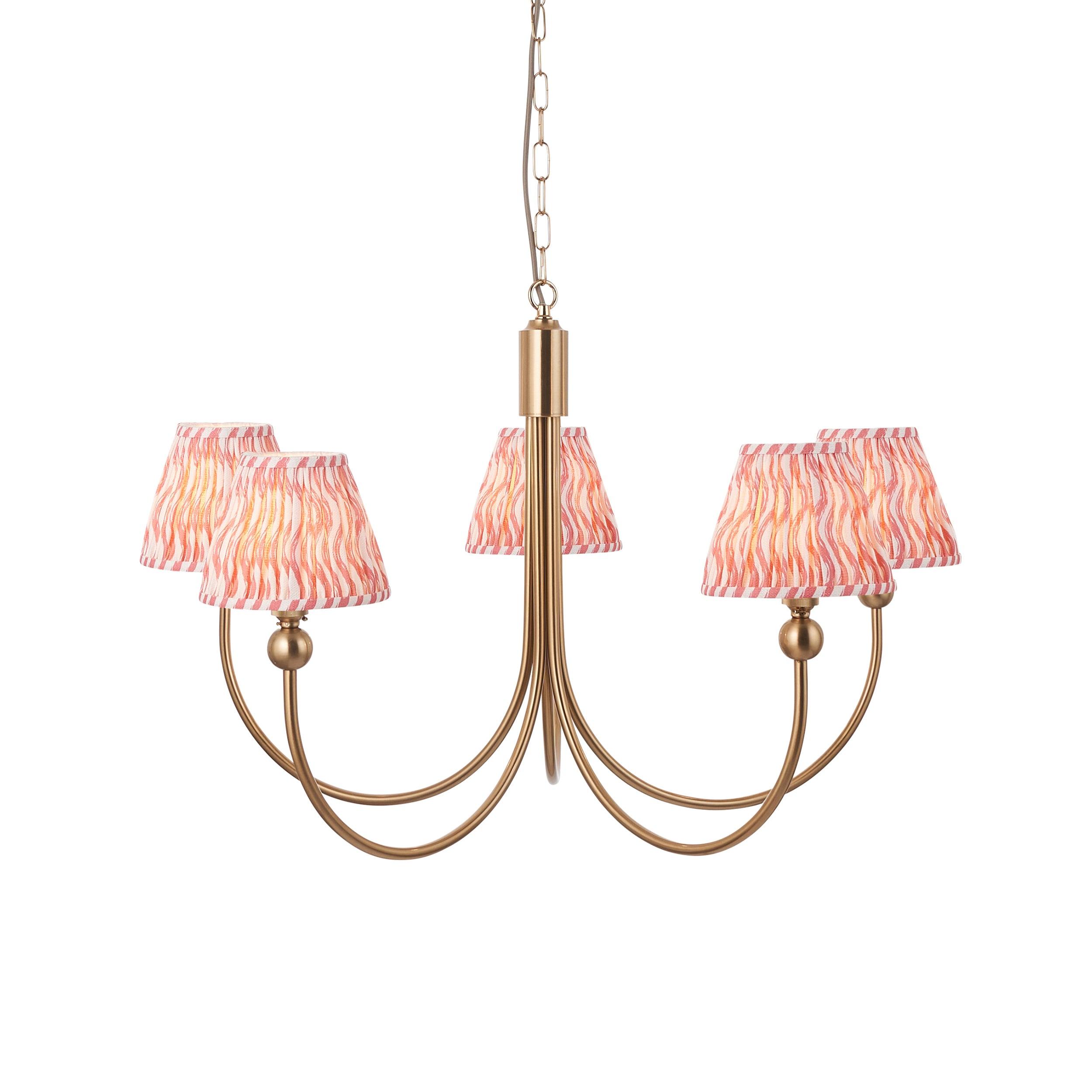 Santiago Brass Chandelier With Pink Ripple 16cm Shades
