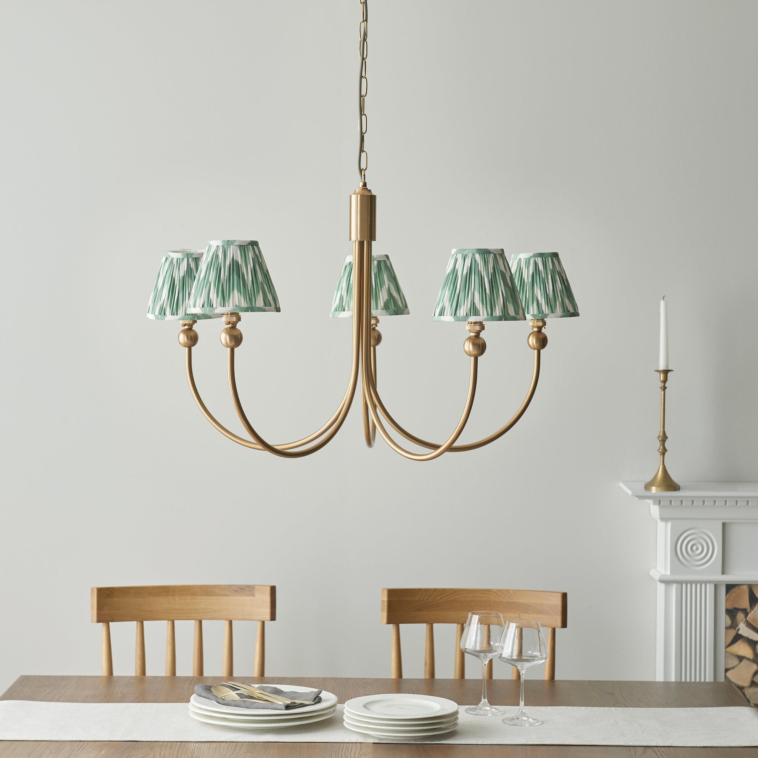 Santiago Brass Chandelier With Green Zigzag 16cm Shades