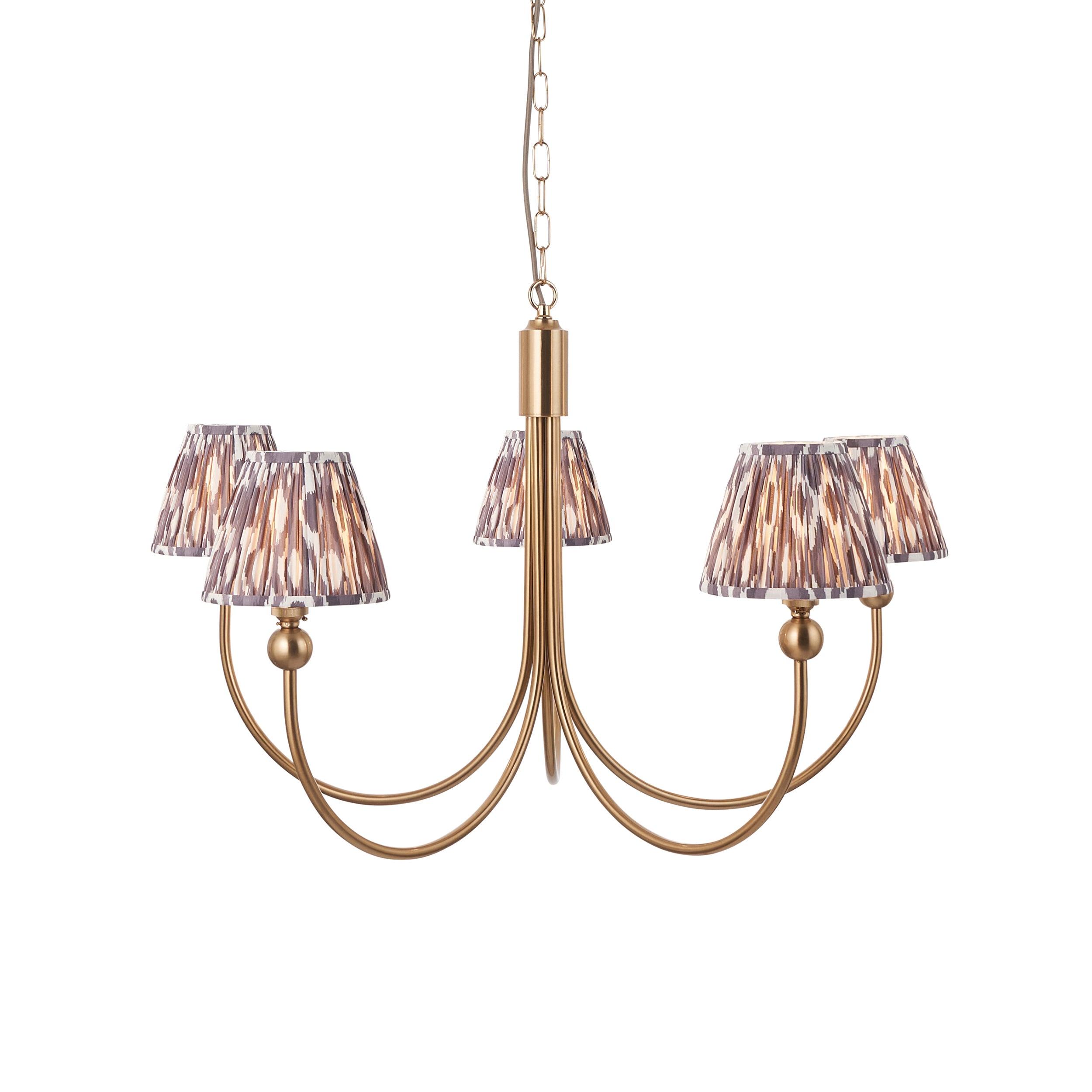 Santiago Brass Chandelier With Grey Ikat 16cm Shades