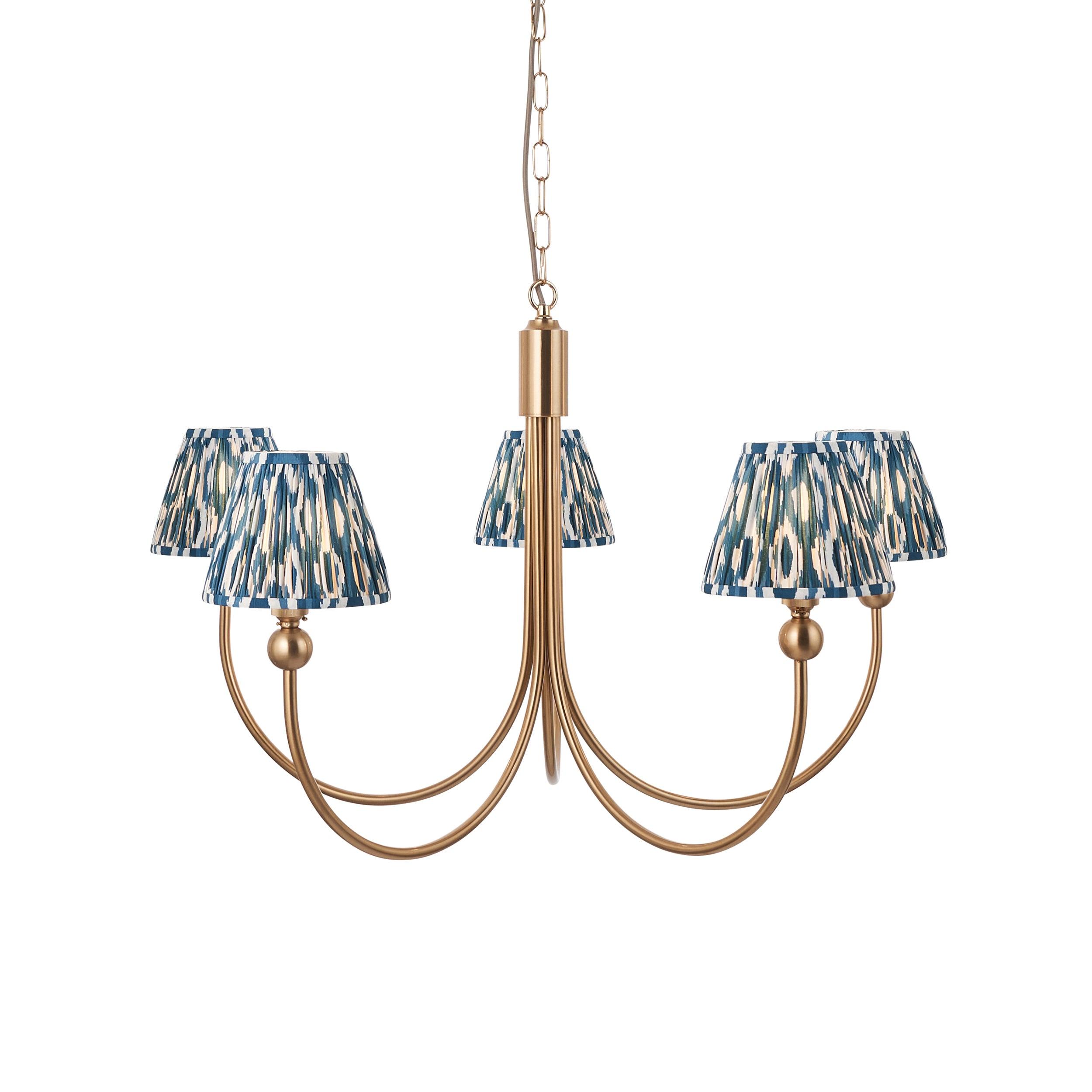 Santiago Brass Chandelier With Blue Ikat 16cm Shades