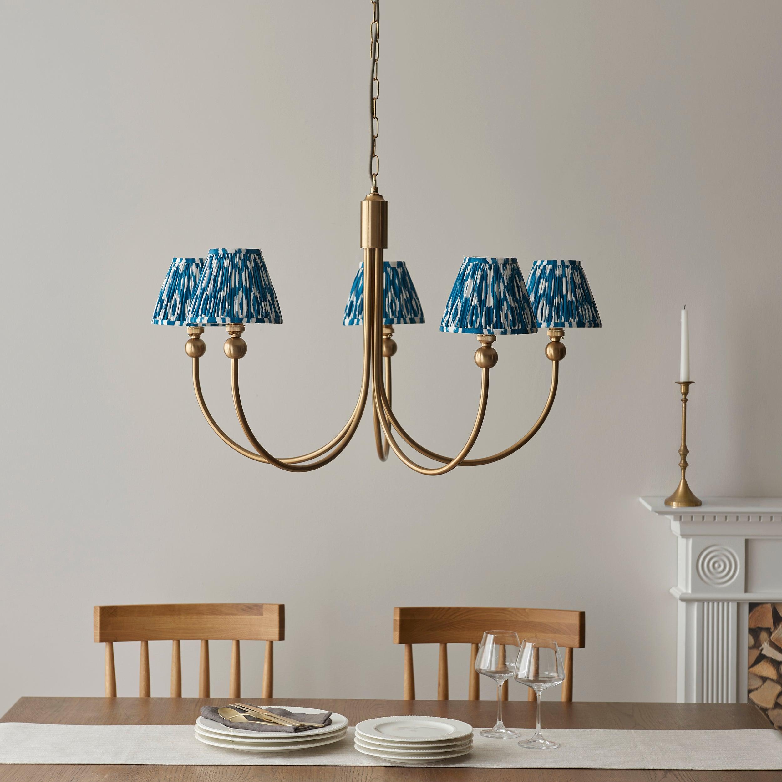Santiago Brass Chandelier With Blue Ikat 16cm Shades
