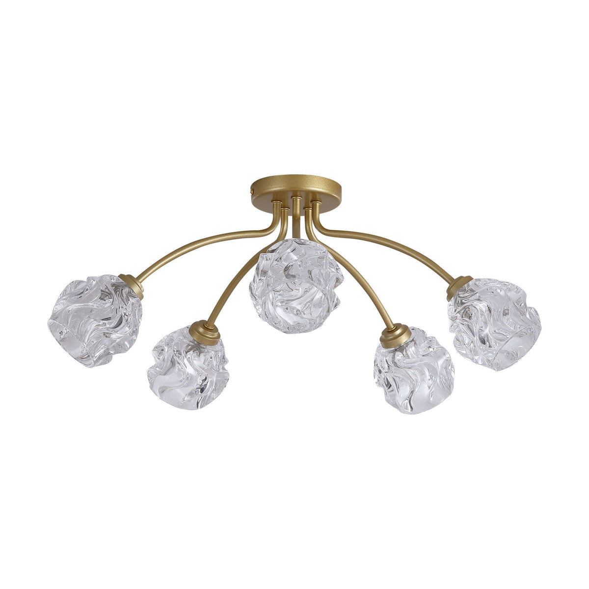 Astral gold flush ceiling light unlit with five swirl-textured clear glass shades