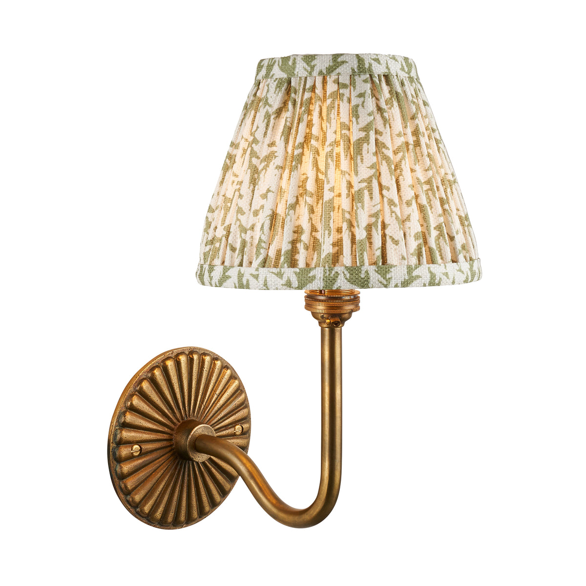 Dahlia Swan antique brass wall light with fluted backplate and green leaf-print pleated shade