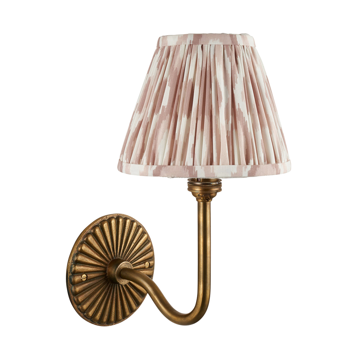Dahlia Swan antique brass wall light with dusky pink ikat pleated shade, studio shot on white