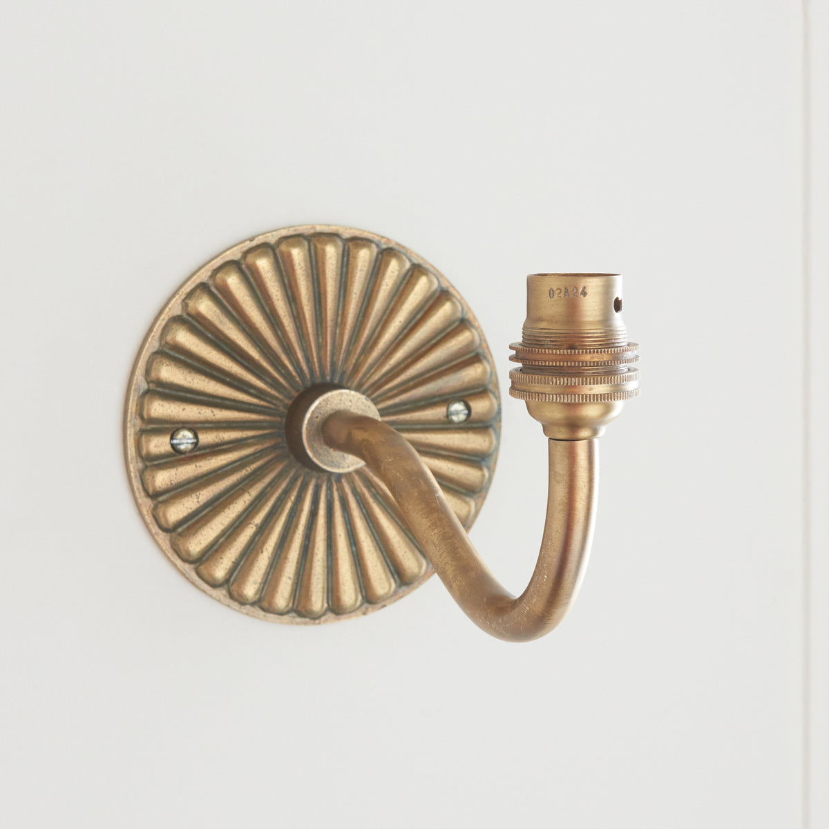 Detail of the ribbed oval brass backplate, curved arm and bare bulb holder of the Dahlia Curve light