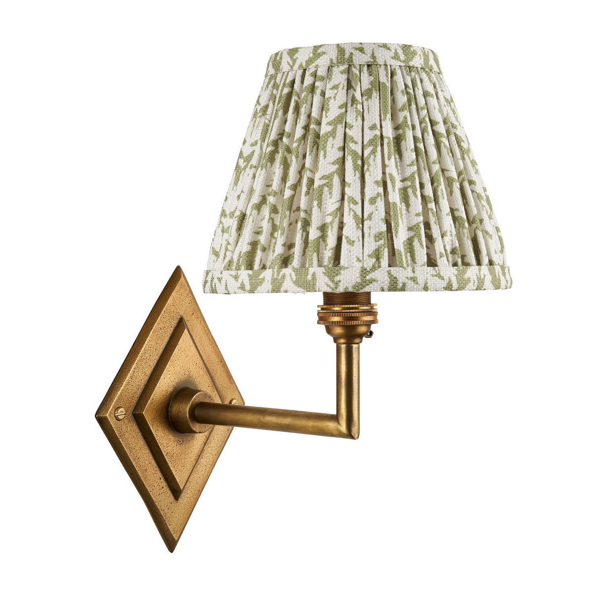 Diamond Angle antique brass wall light with green leaf pleated shade, unlit studio view