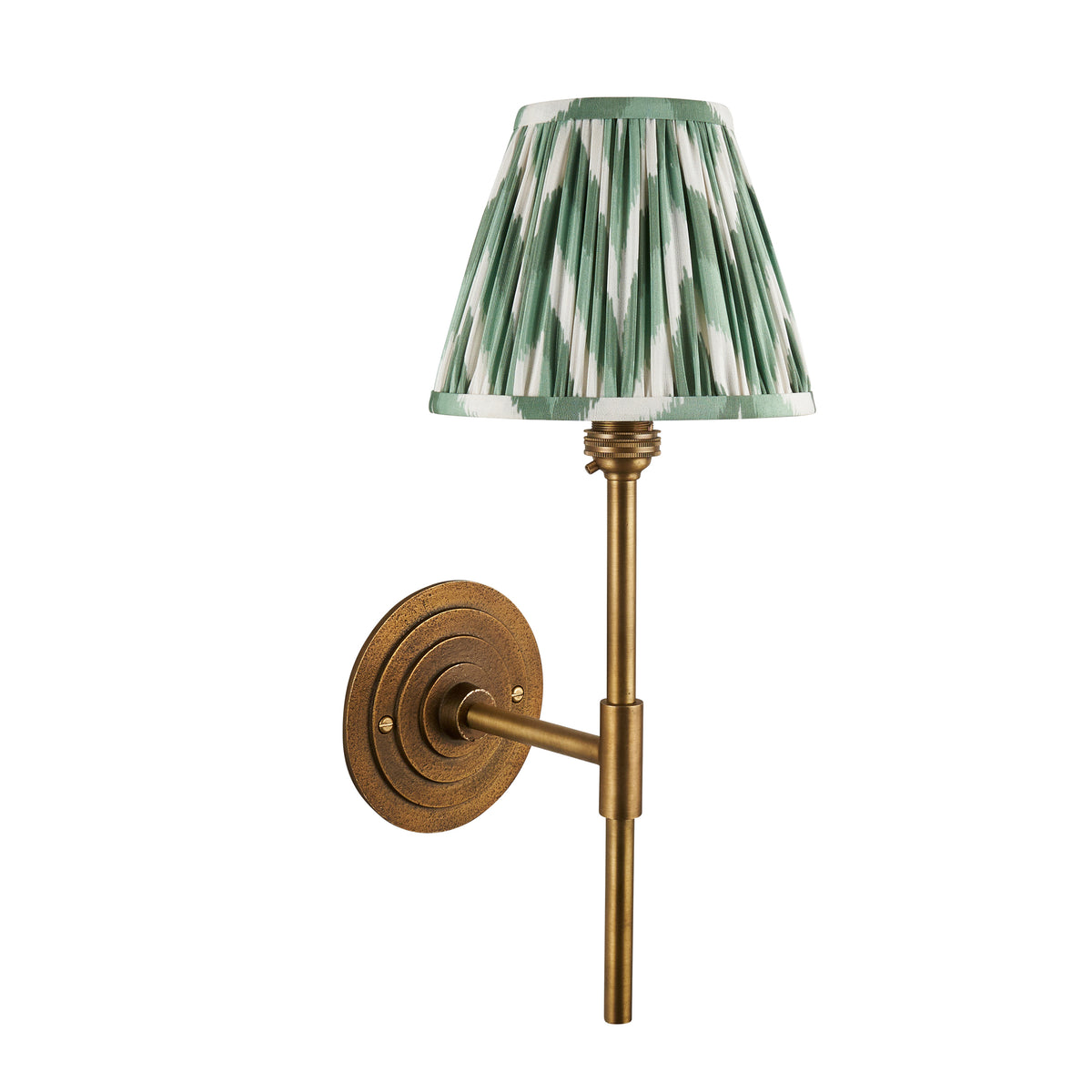 Halo Tall antique brass wall light with green zigzag ikat shade, unlit studio shot