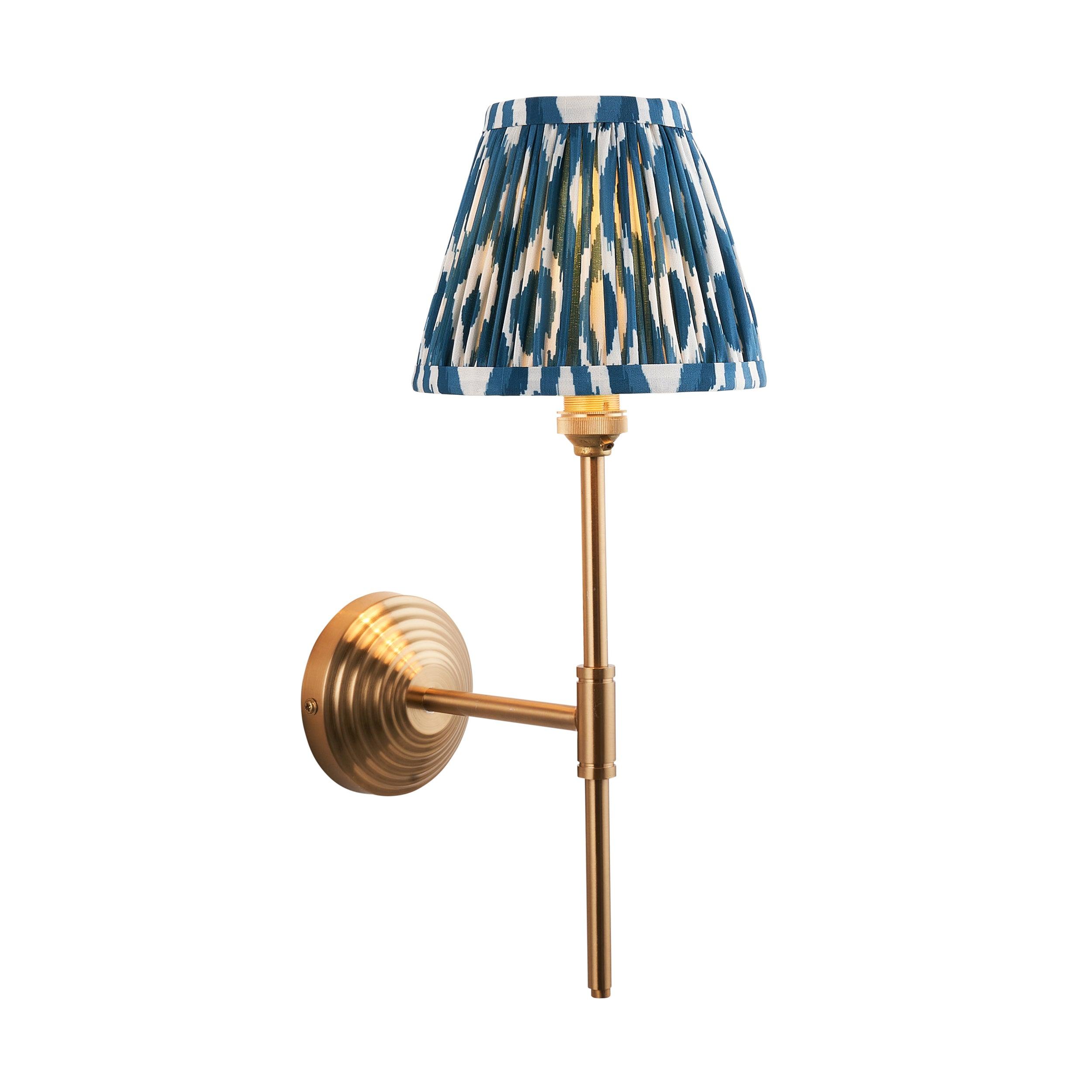 Obelisk T Bar Brass Wall Light & Ikat 16cm Marlin Blue Shade