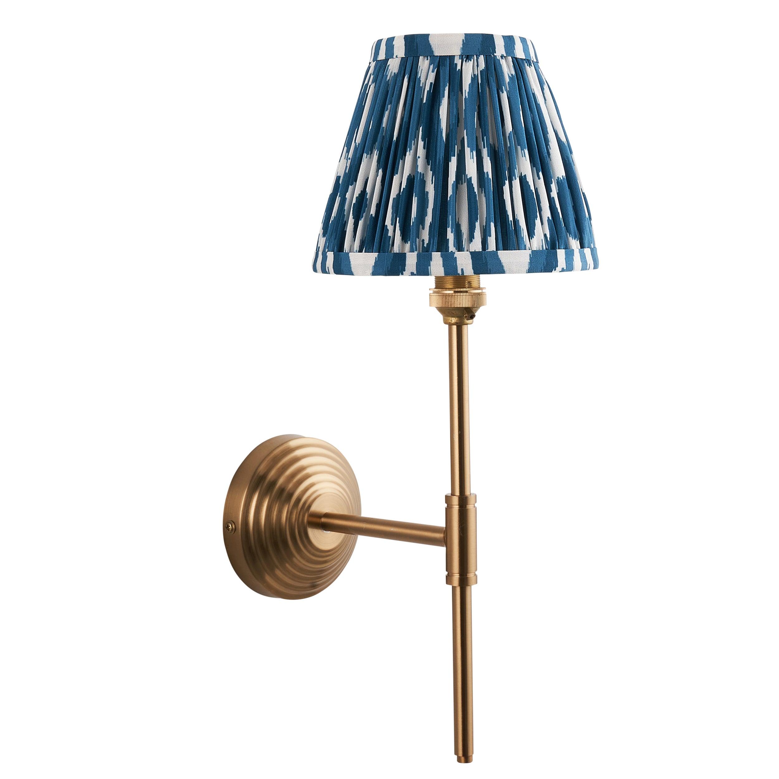 Obelisk T Bar Brass Wall Light & Ikat 16cm Marlin Blue Shade